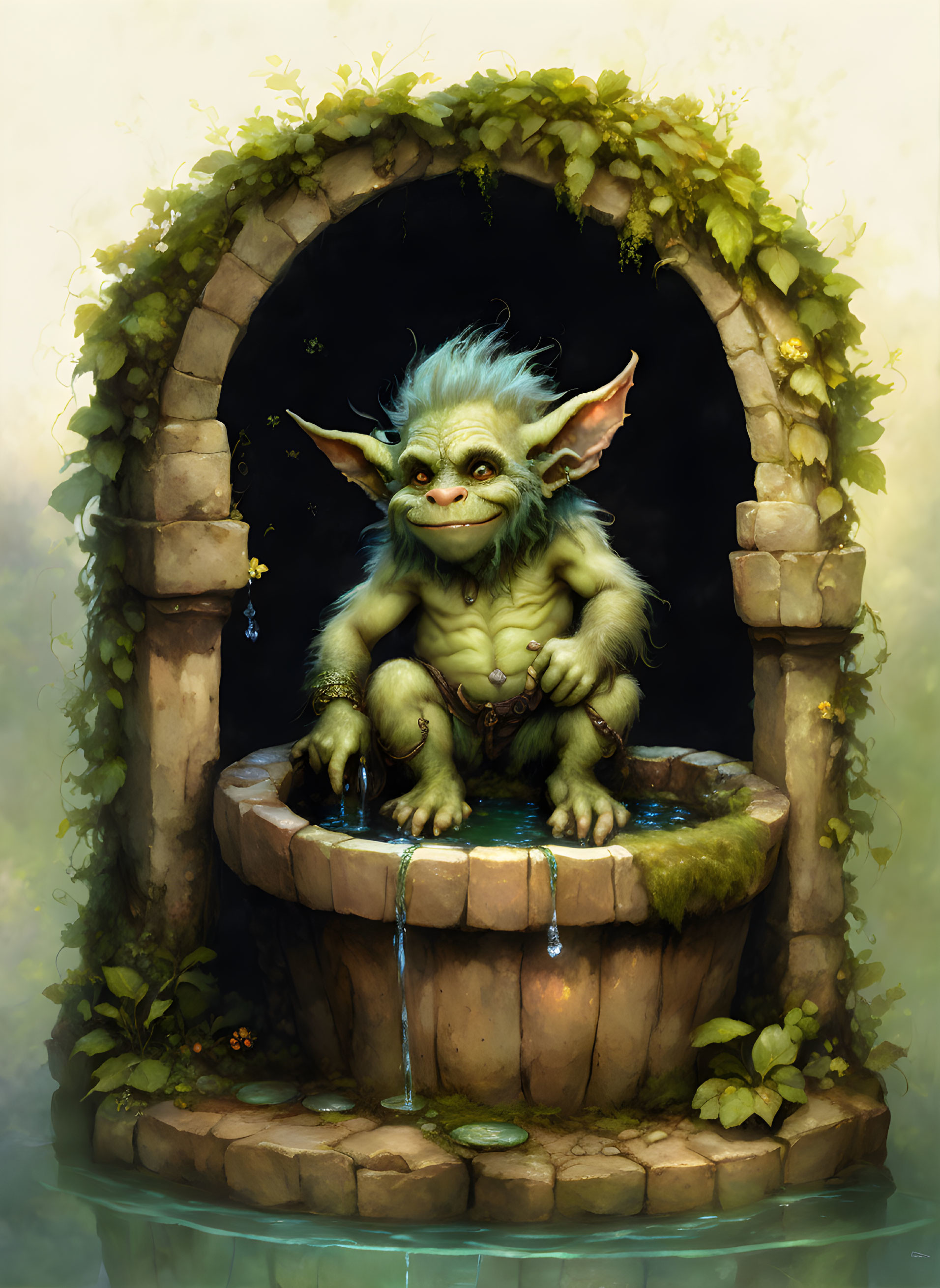 Smiling fantasy creature on old stone well with green vines