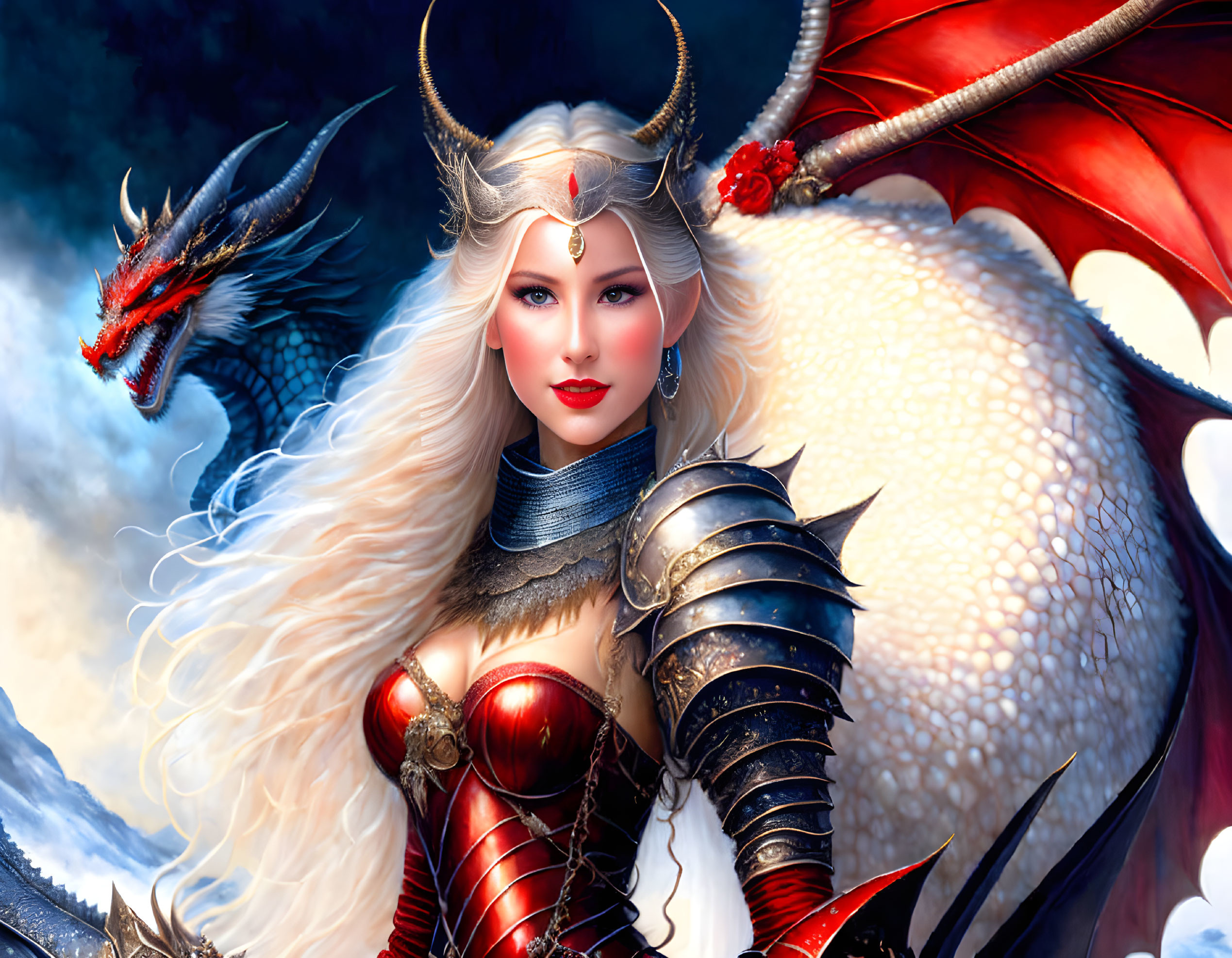 Fantasy illustration: Warrior woman in ornate armor with red dragon and clouds.