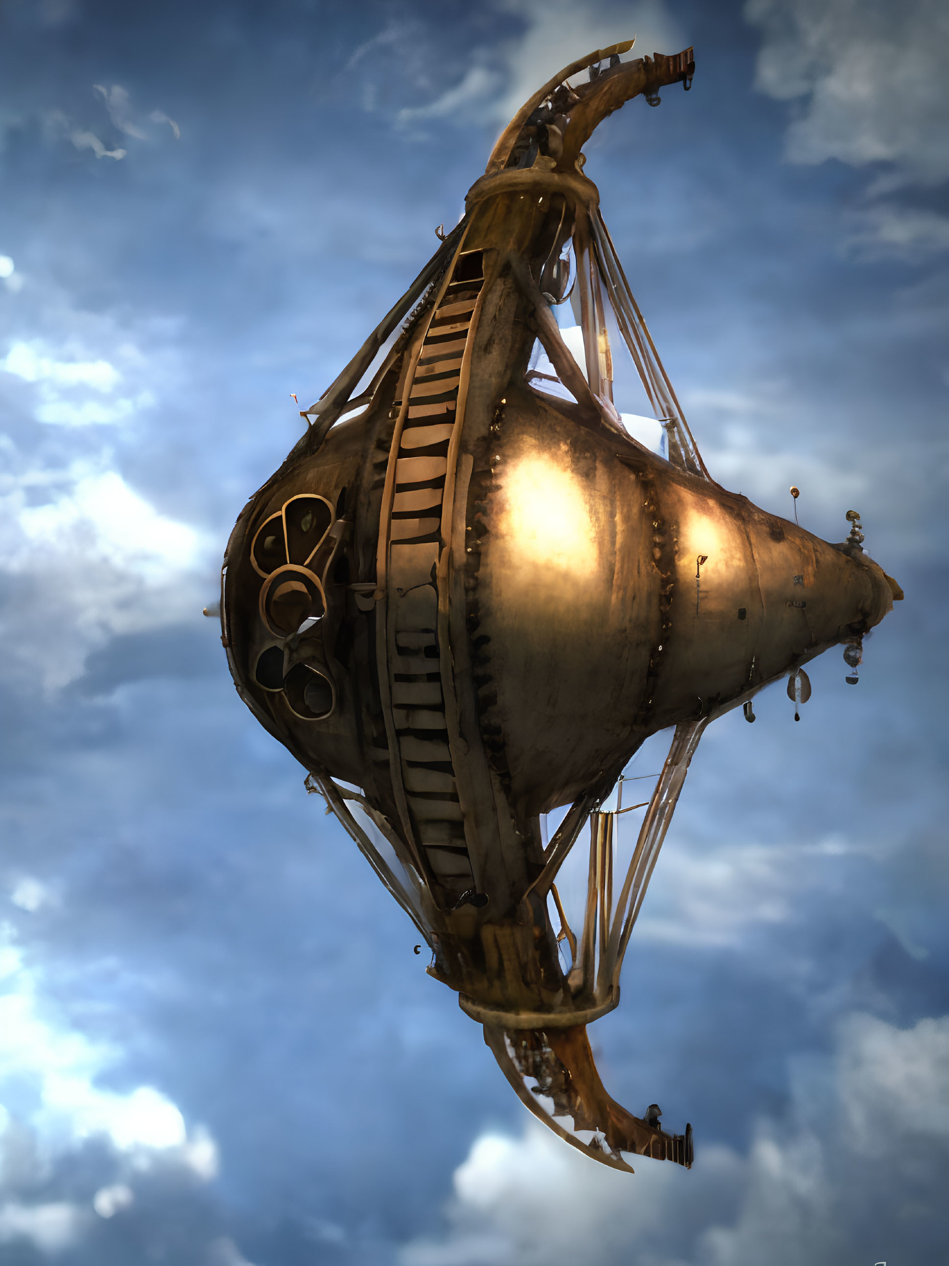 Steampunk-style ornate airship with metallic structure and intricate details