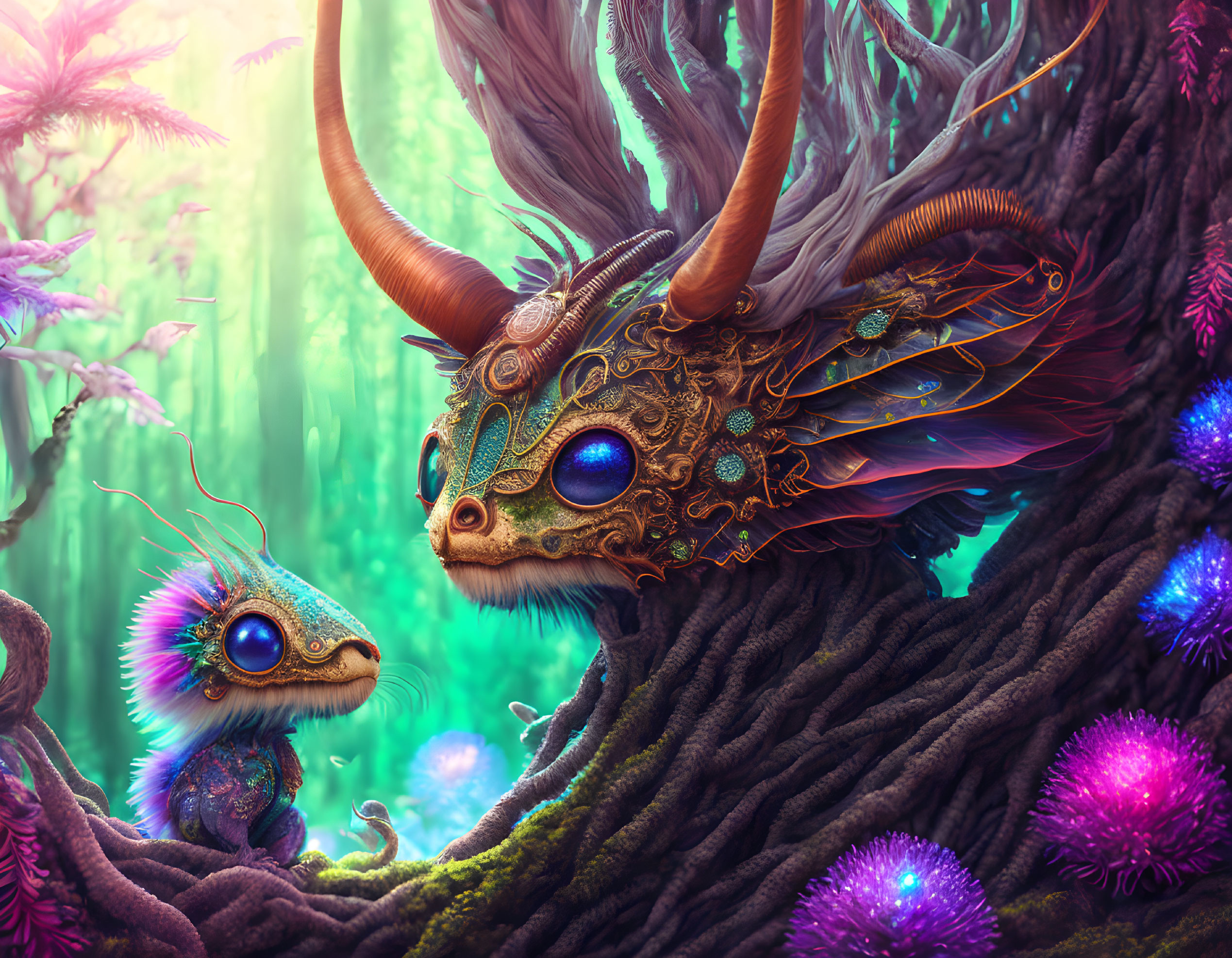 Vibrant digital illustration: fantastical creatures in enchanted forest