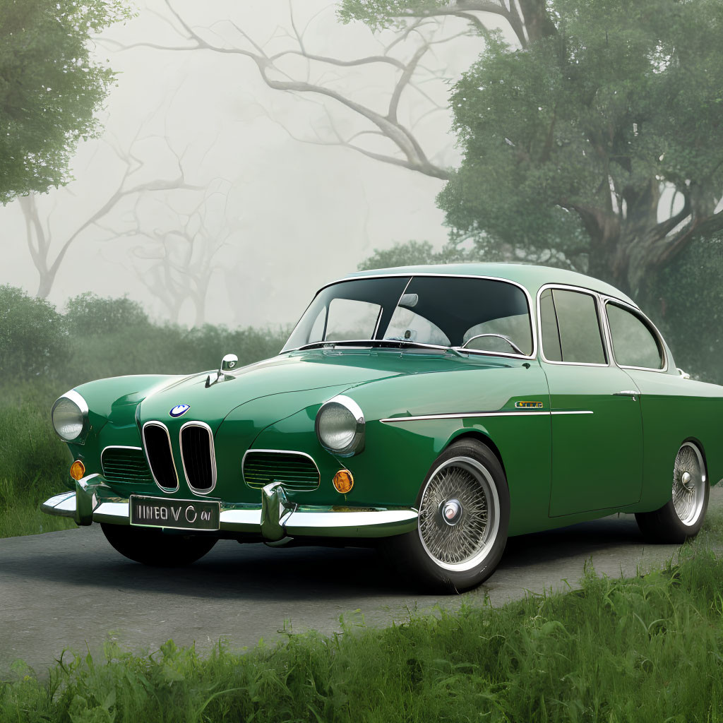 Vintage Green BMW 502 on Misty Forest Road