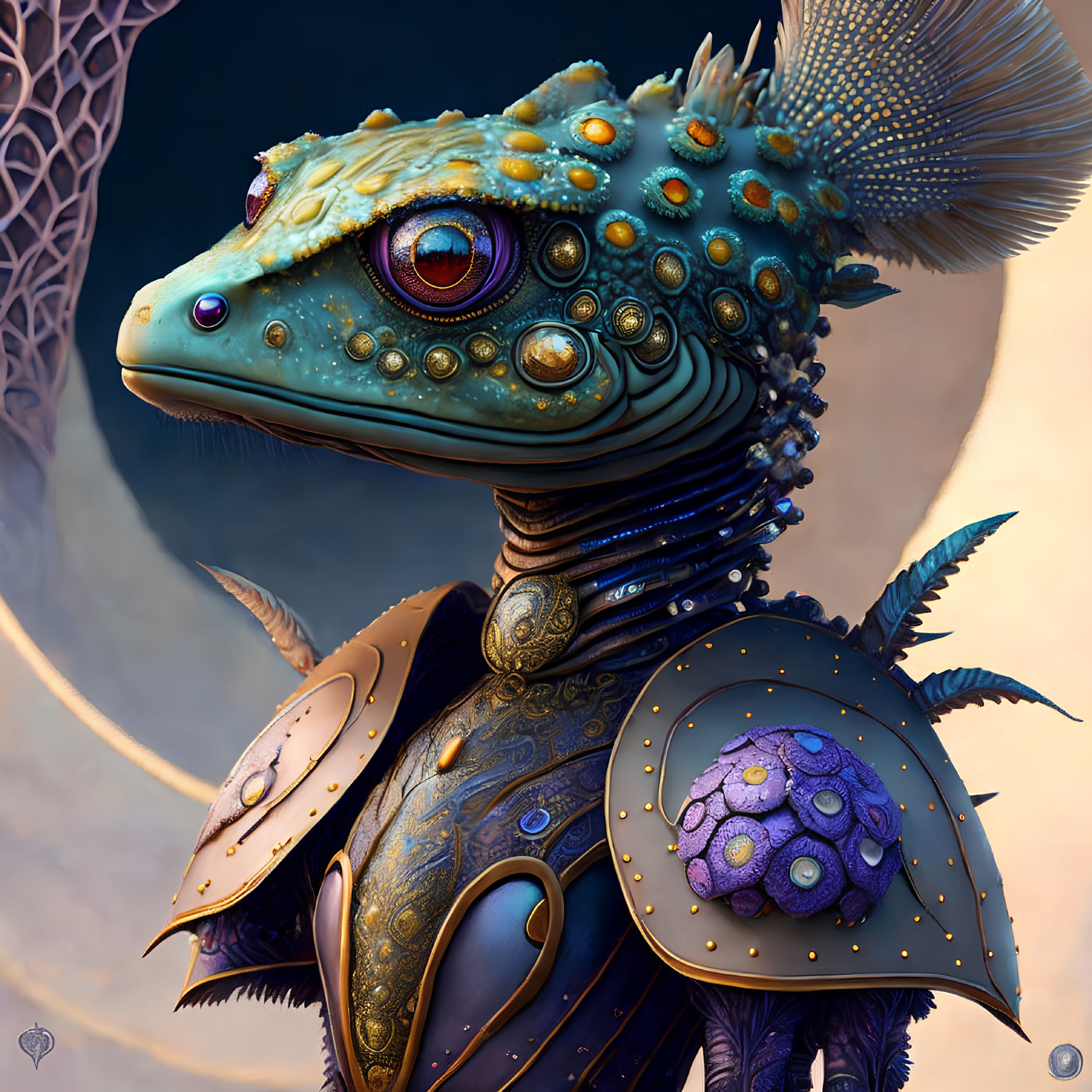 Intricate Golden Armor on Lizard-Like Creature in Dreamy Pastel Setting