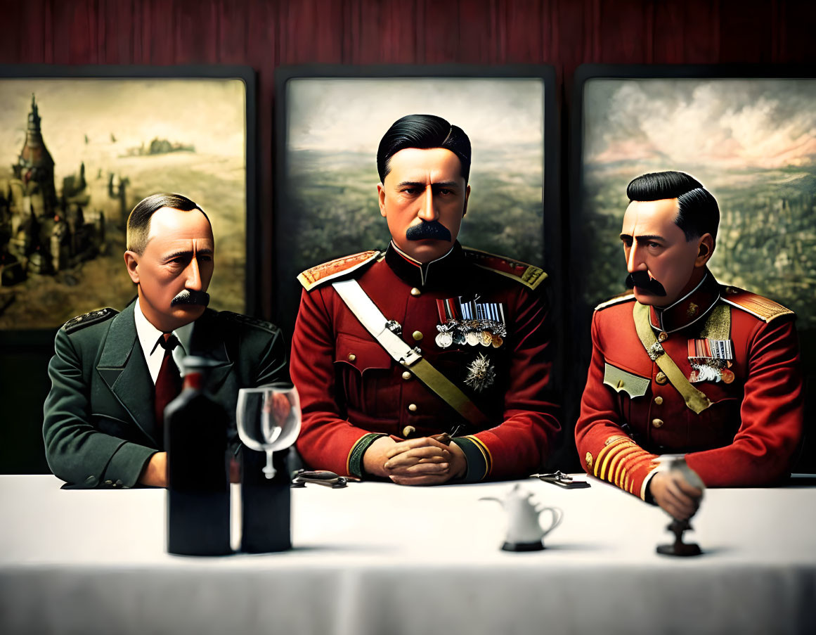 Vintage Military Figures at Dining Table with Portraits in Background