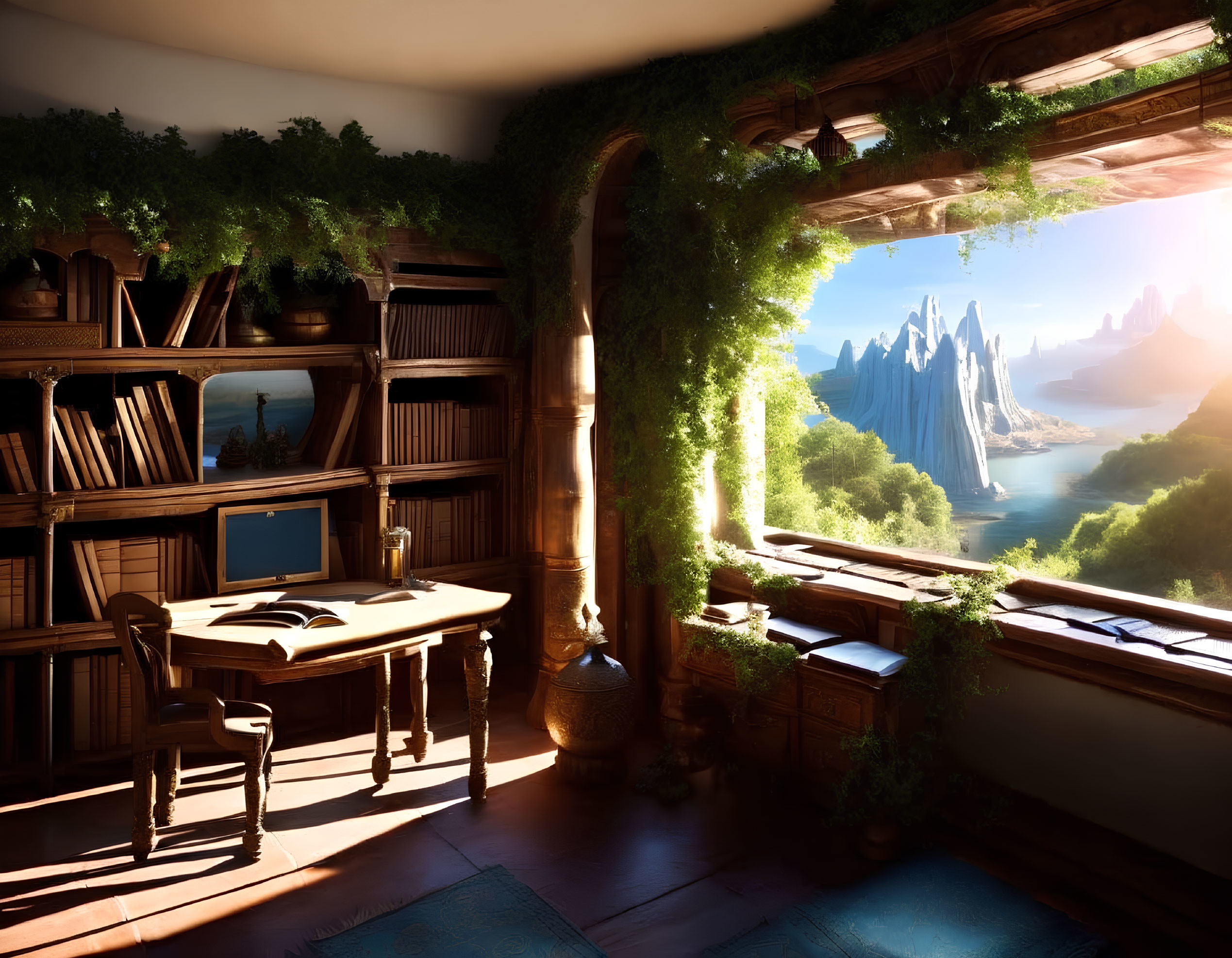 Tranquil study room with mountain view, desk, chair, bookshelves