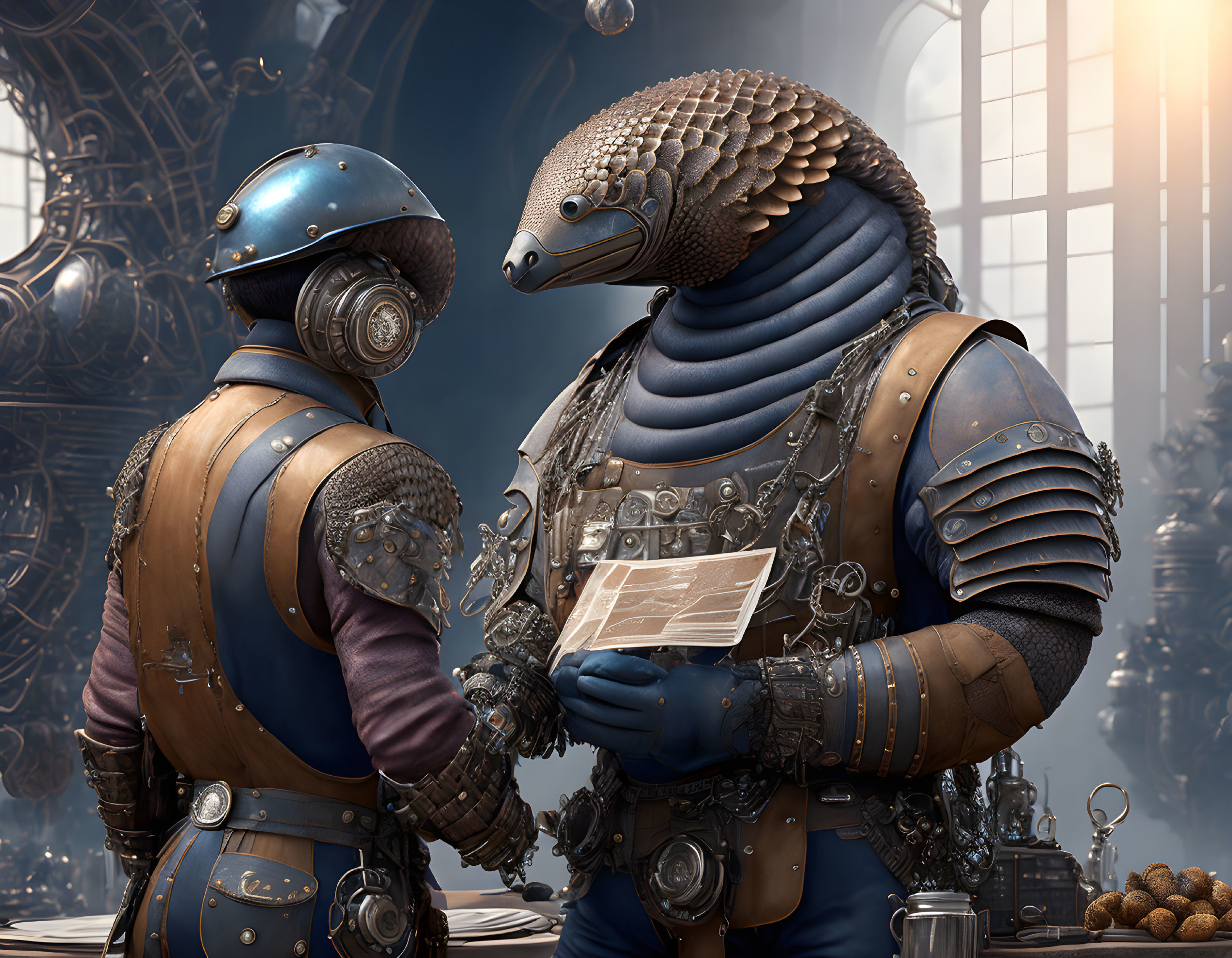 Steampunk-themed humanoid figures in pangolin and knight armor holding a document