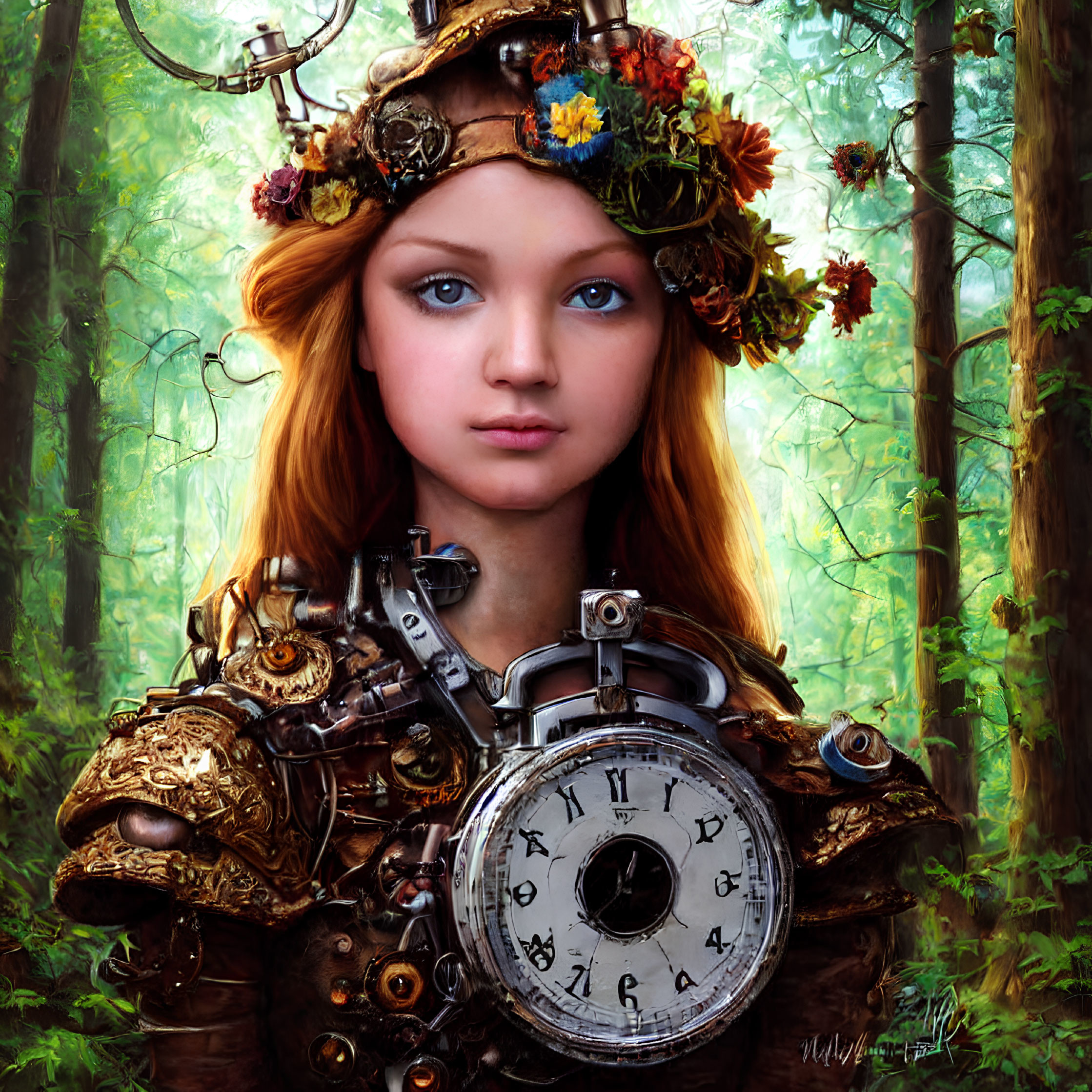 Digital Artwork: Young Woman with Red Hair, Blue Eyes, Floral Crown, and Steampunk