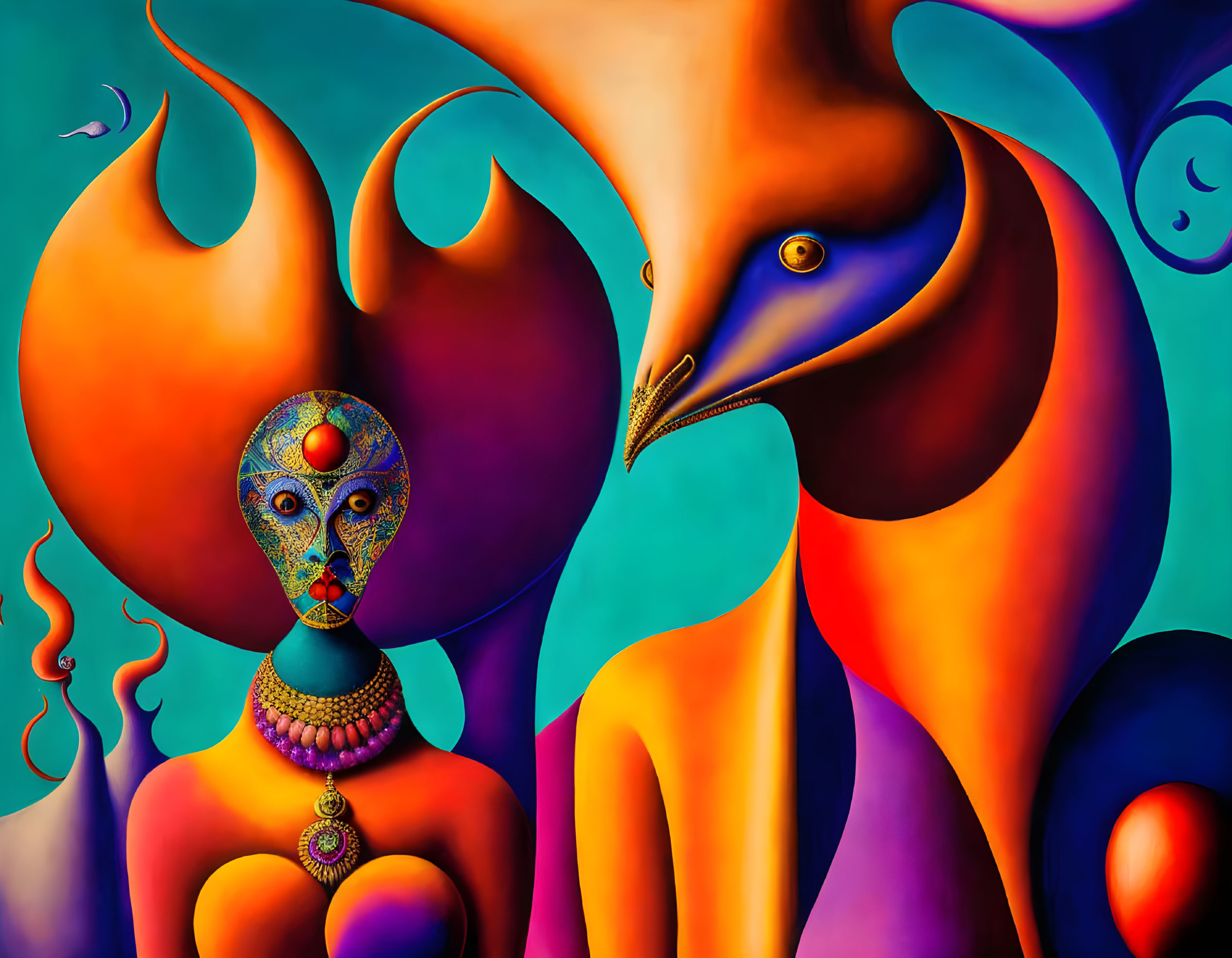 Colorful surreal art: humanoid figure with mask-like face and bird in abstract setting