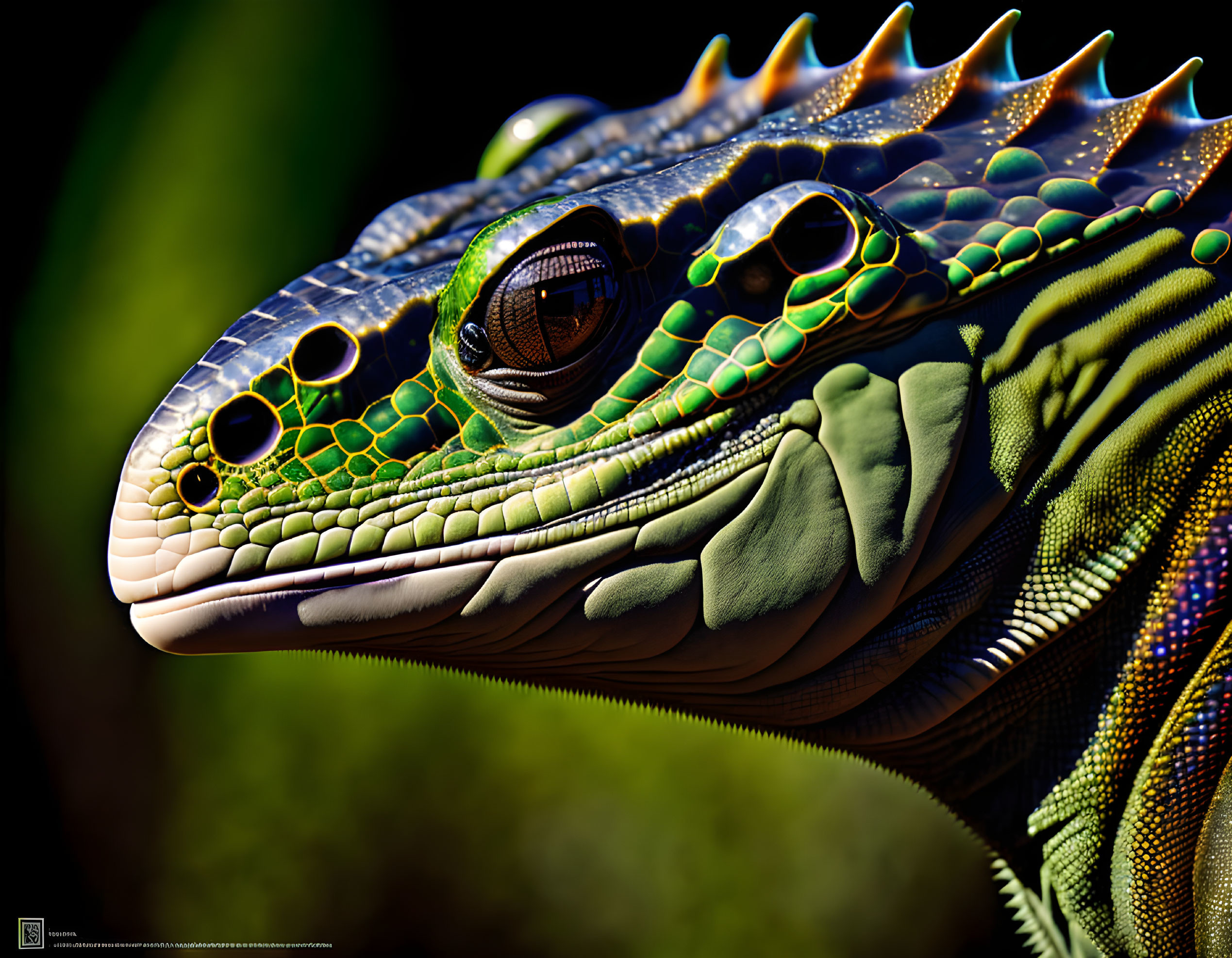 Detailed Close-Up of Vibrant Green Iguana with Intricate Skin Patterns