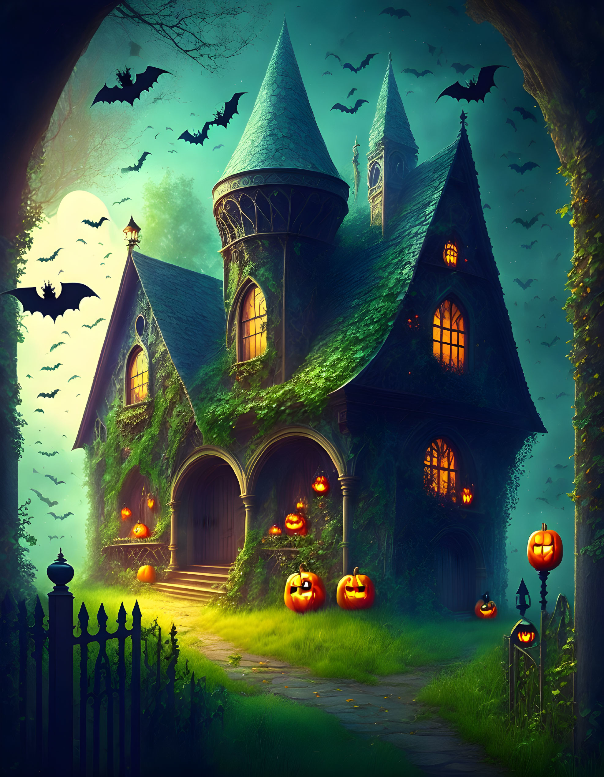 Enchanted fairytale cottage at twilight with pumpkins, bats, and glowing garden