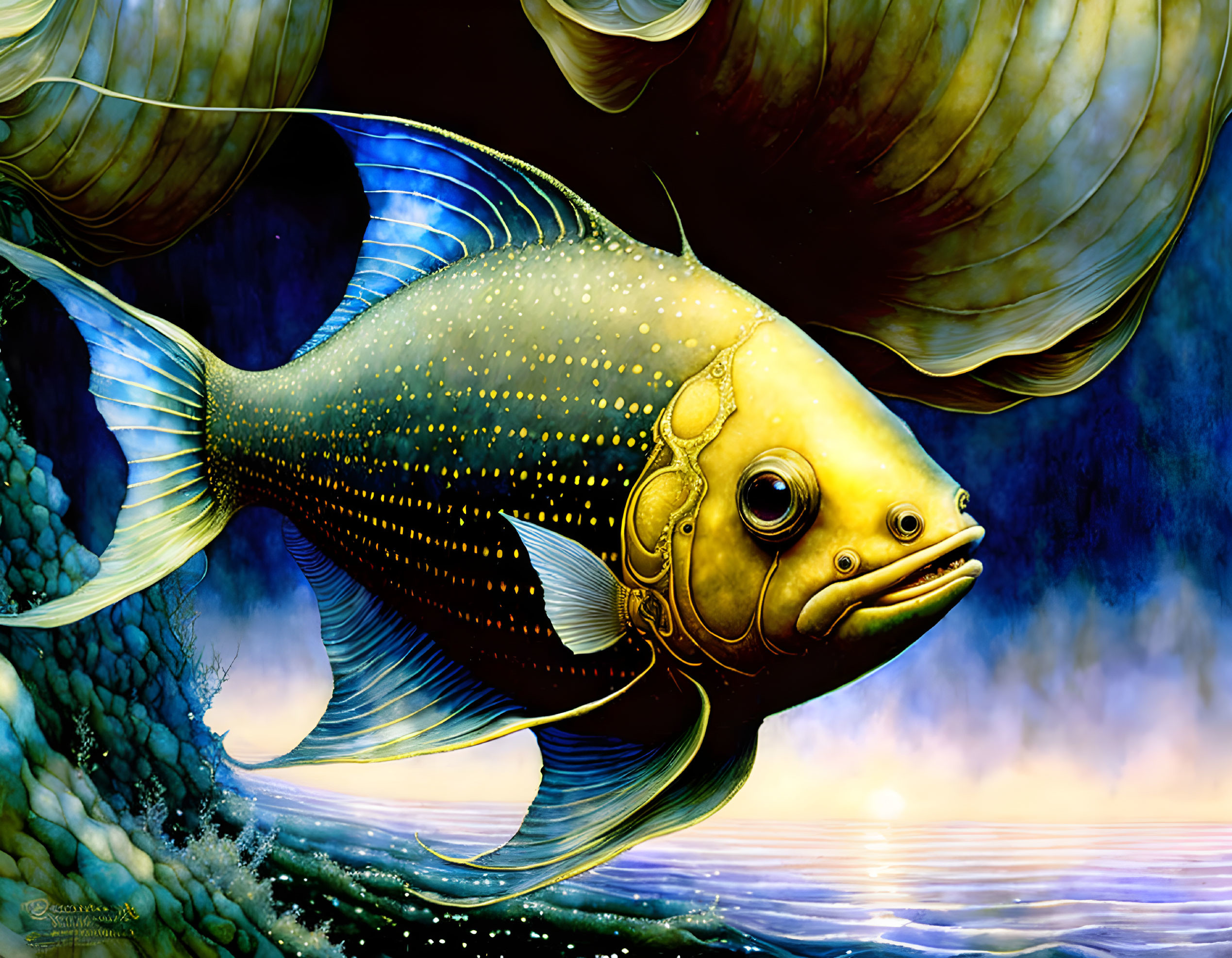 Colorful Fish with Golden Scales and Human-like Features Swimming in Surreal Sky