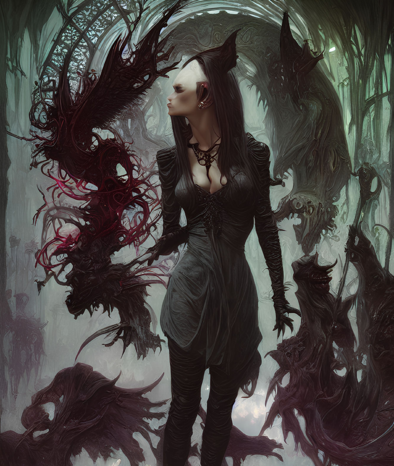 Gothic fantasy female character in misty twisted forest