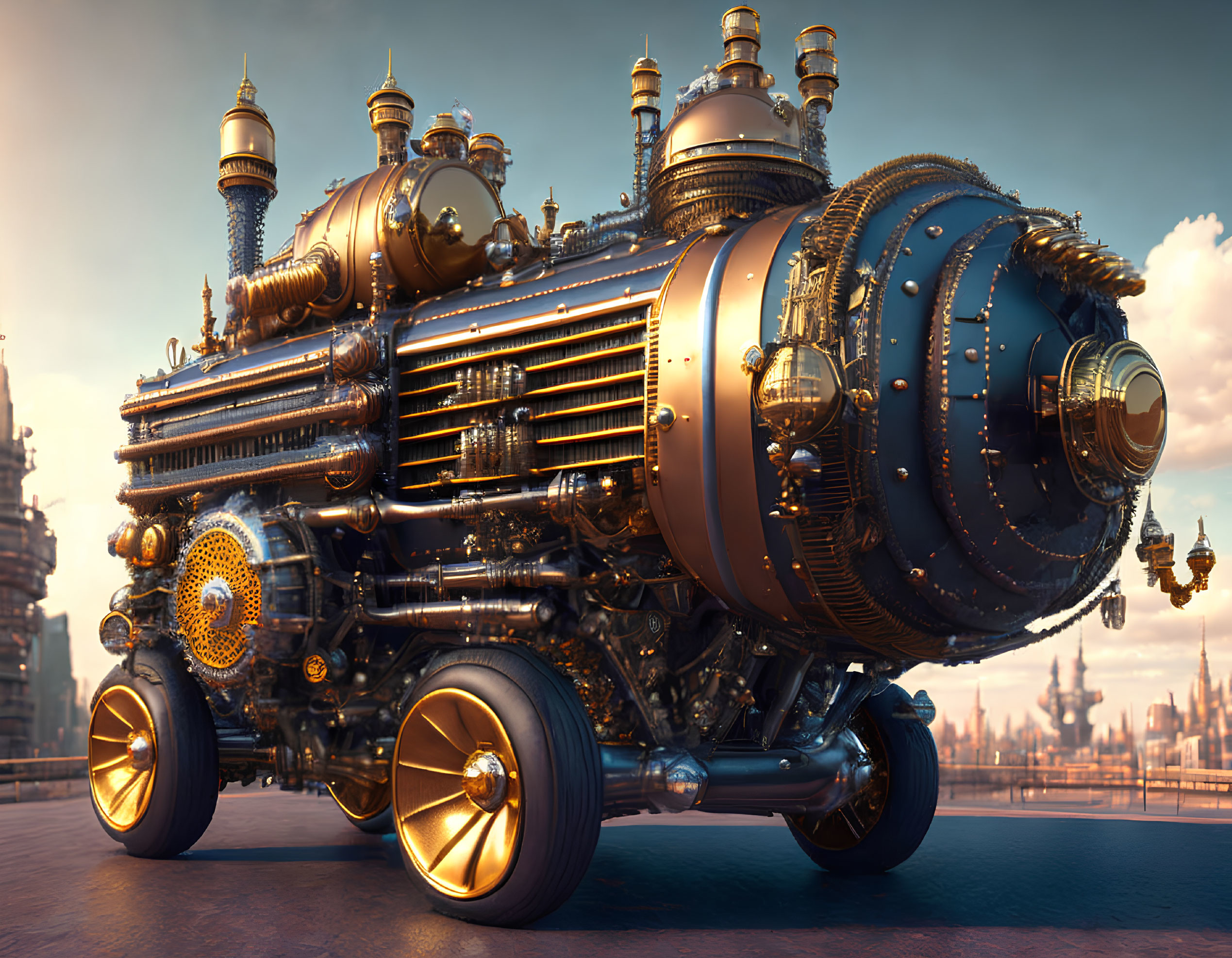 Steampunk-style locomotive with brass detailing in industrial cityscape