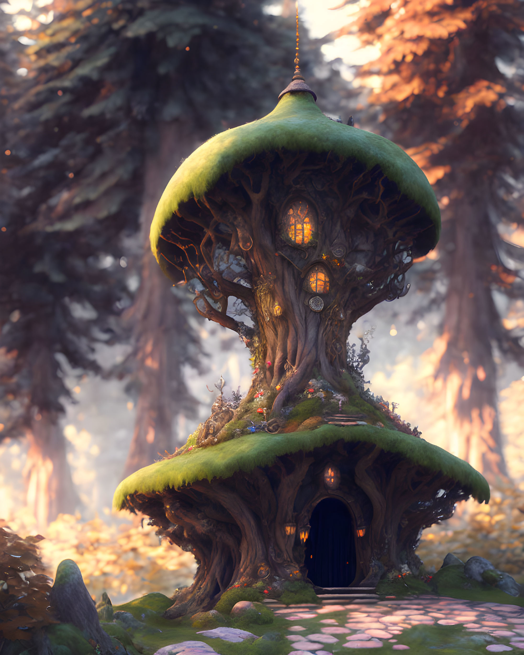 Enchanting treehouse with mushroom canopy in mystical forest