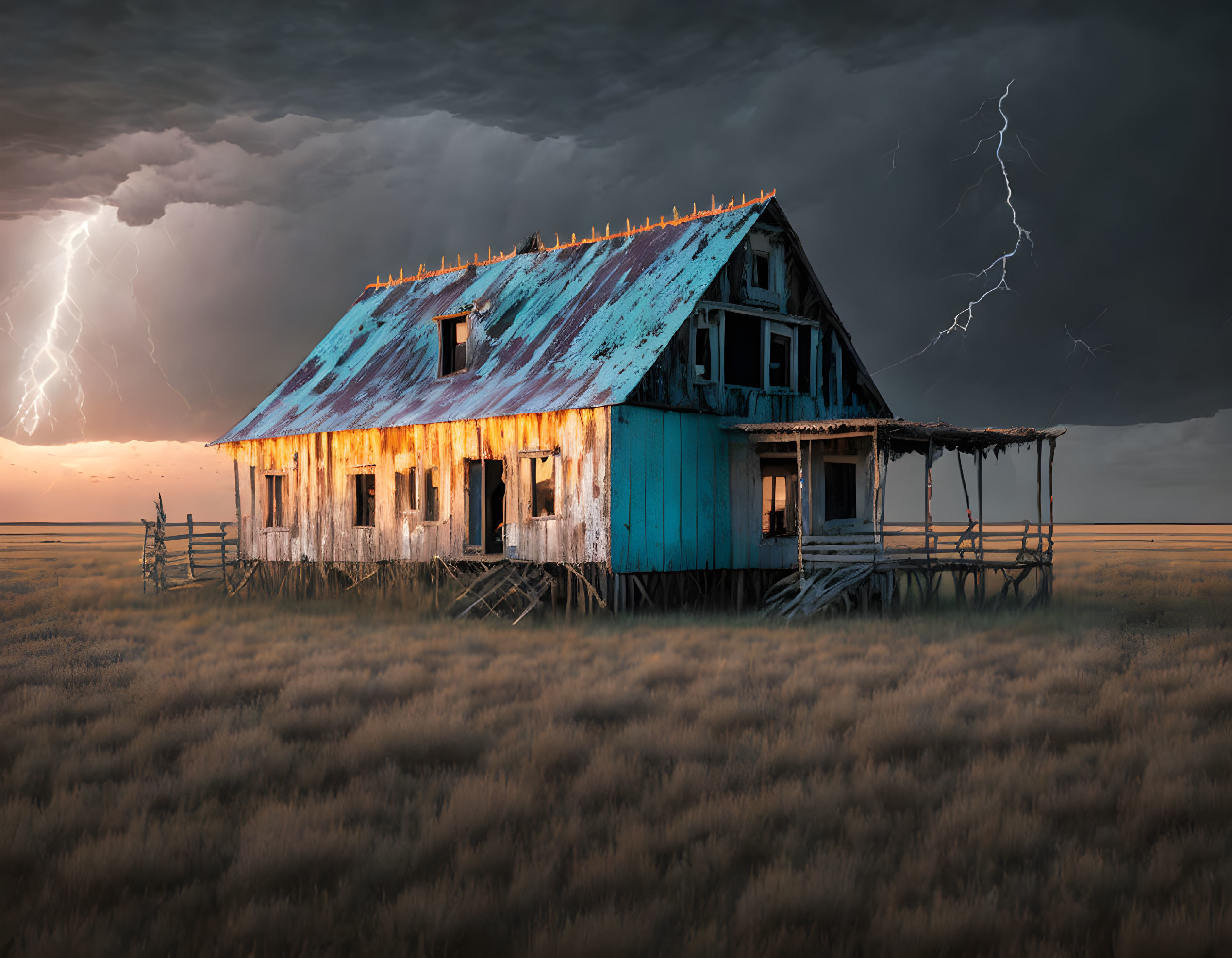 Abandoned two-story blue house with rusty roof in stormy field.