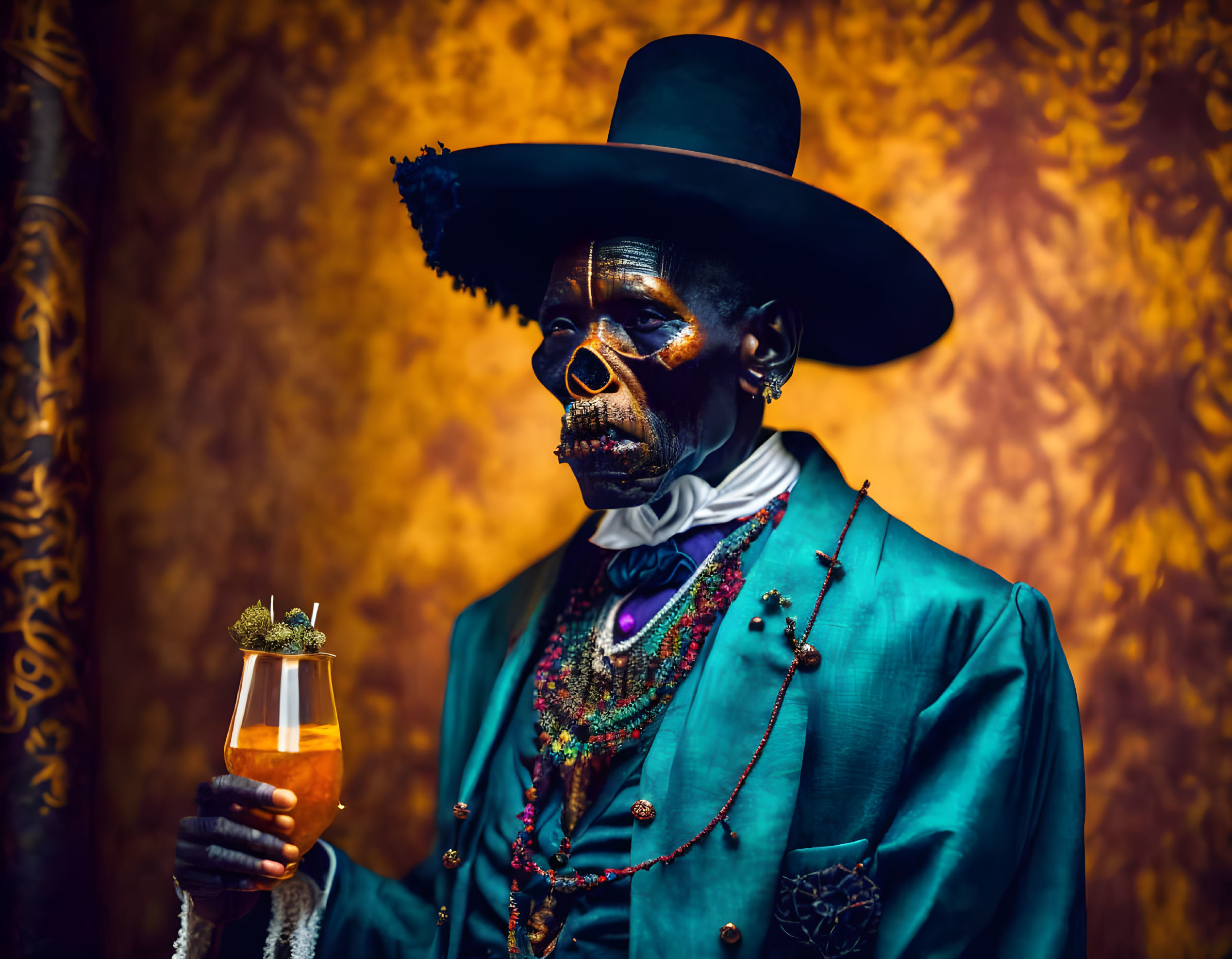 Skeletal face paint person in blue suit with drink on amber background