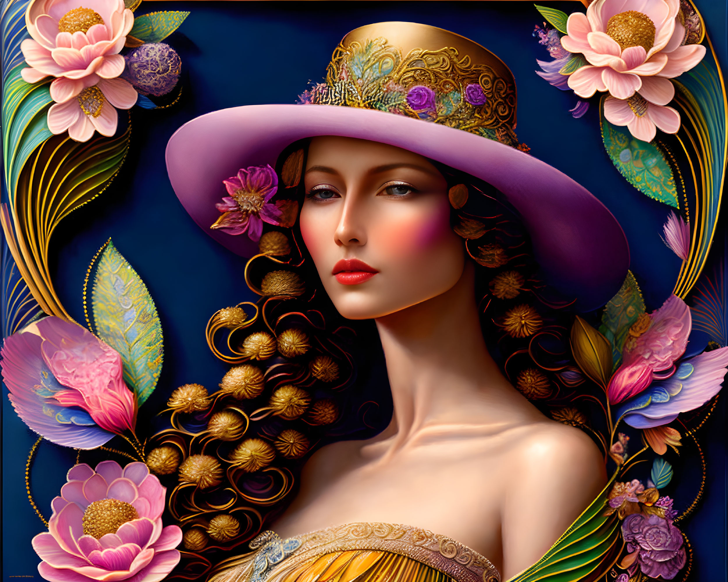 Illustrated portrait of a woman in purple wide-brimmed hat with gold details on dark blue background