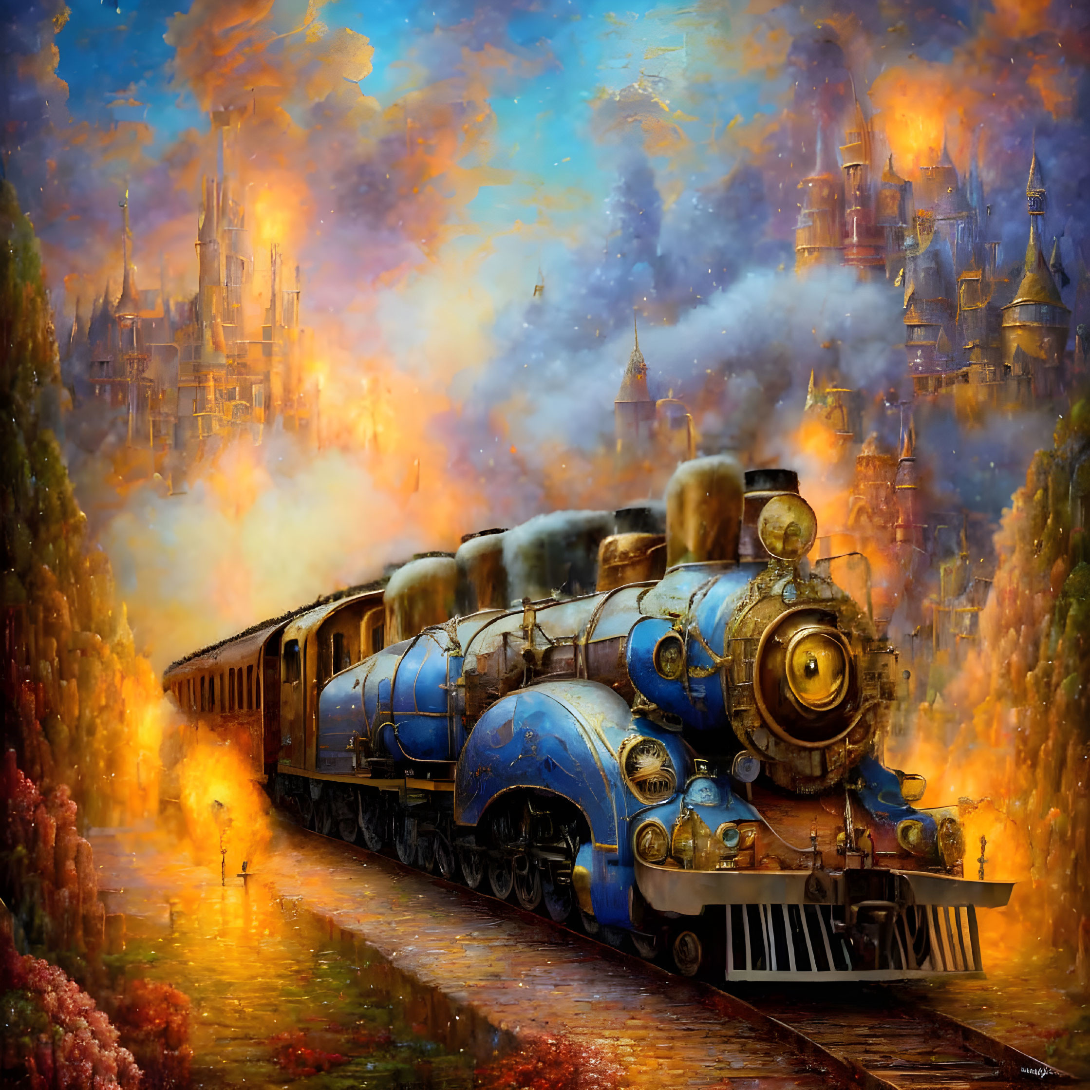 Colorful vintage steam train painting with castle city and blossoming flora.