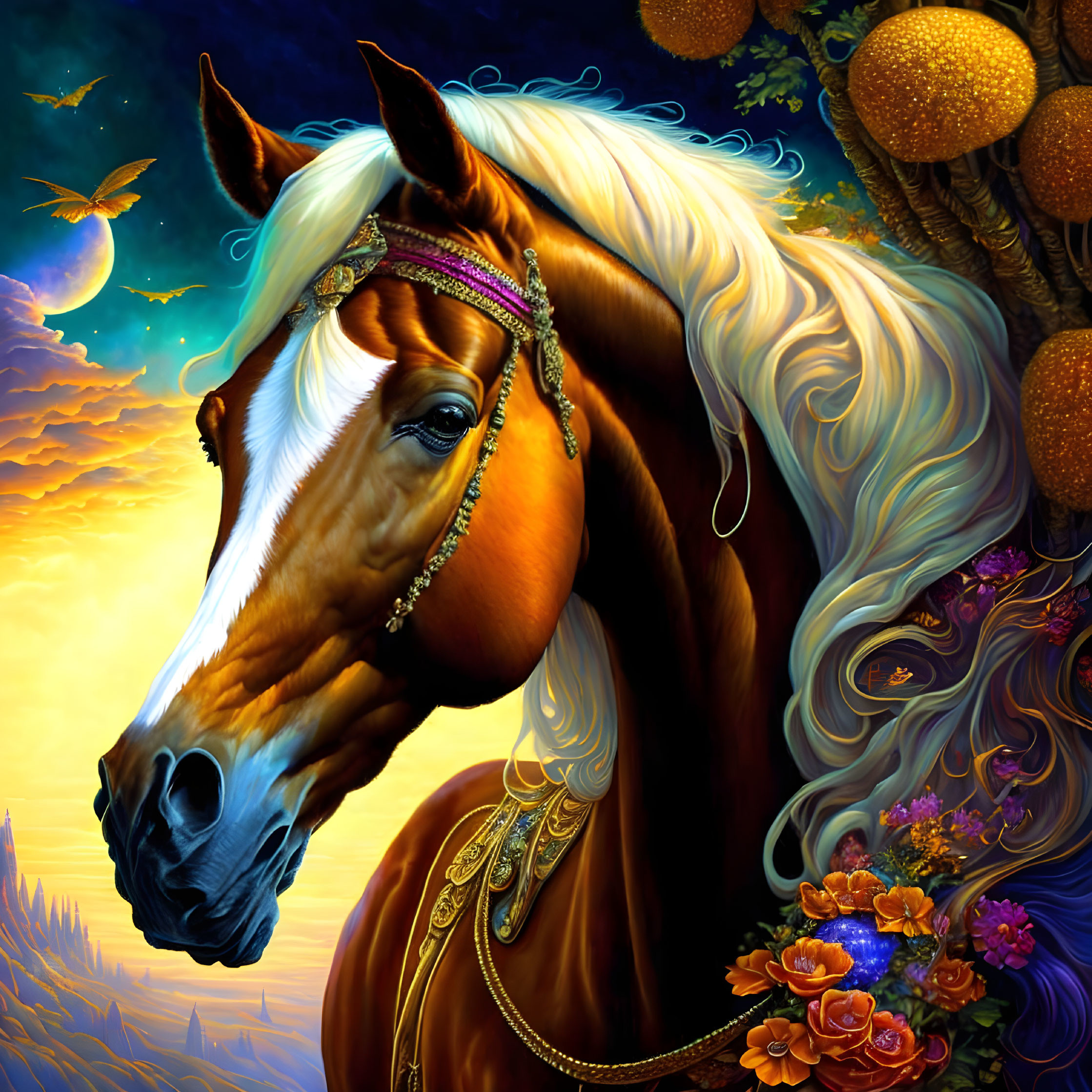 Colorful chestnut horse with white mane in ornate tack against golden forest.