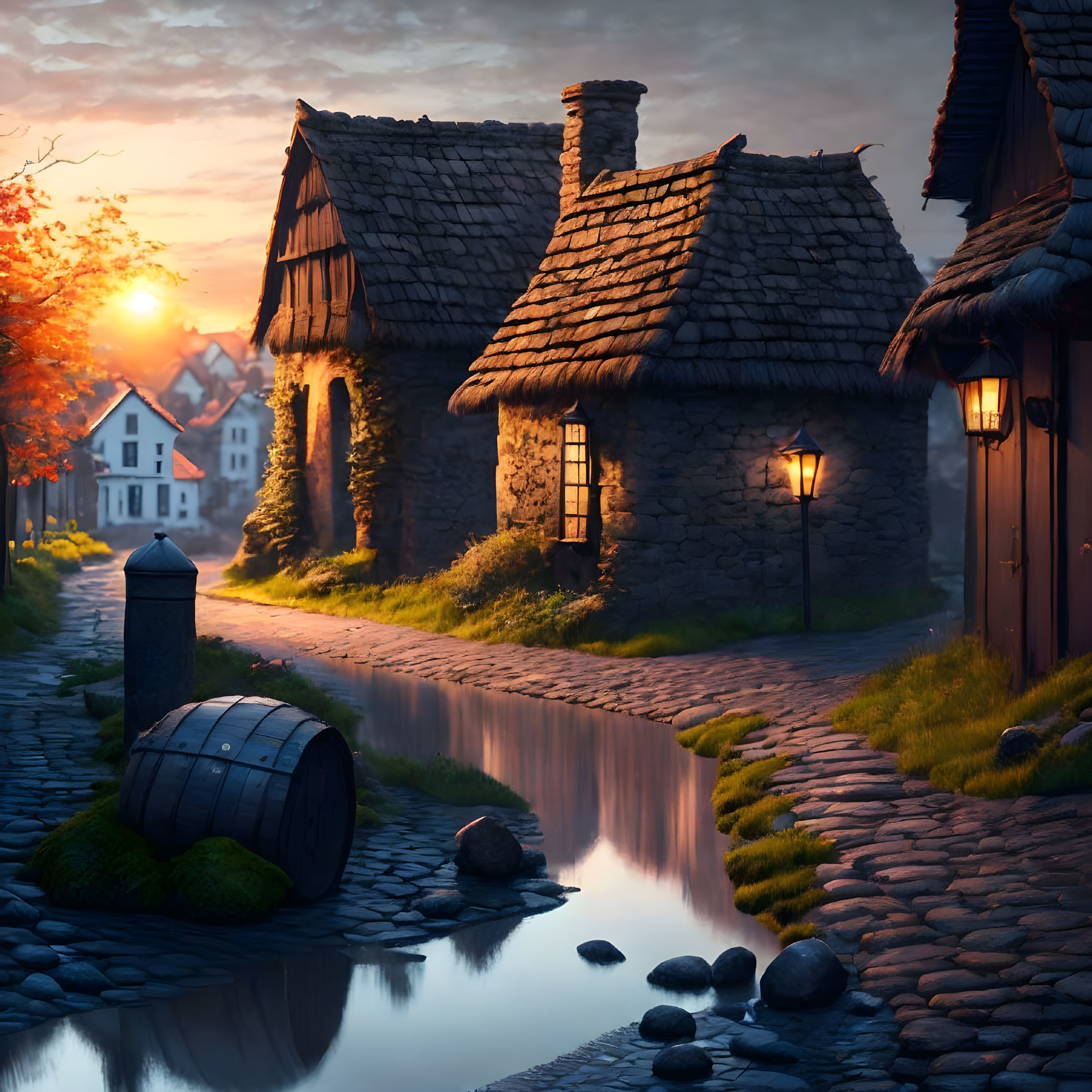 Charming sunset scene of village with cobblestone path and stone cottages