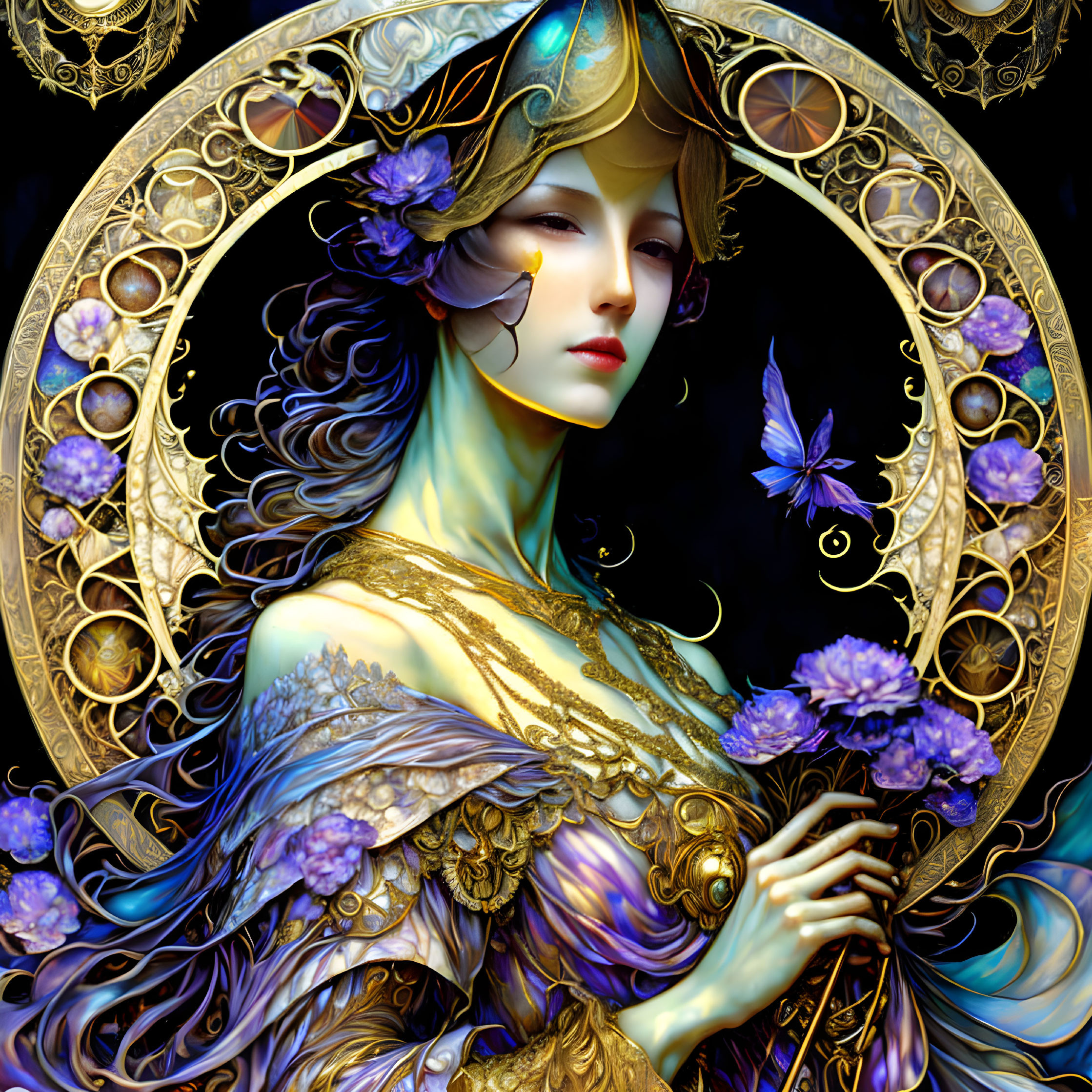 Detailed illustration of woman with flowing hair, gold jewelry, purple flowers, butterfly on dark backdrop