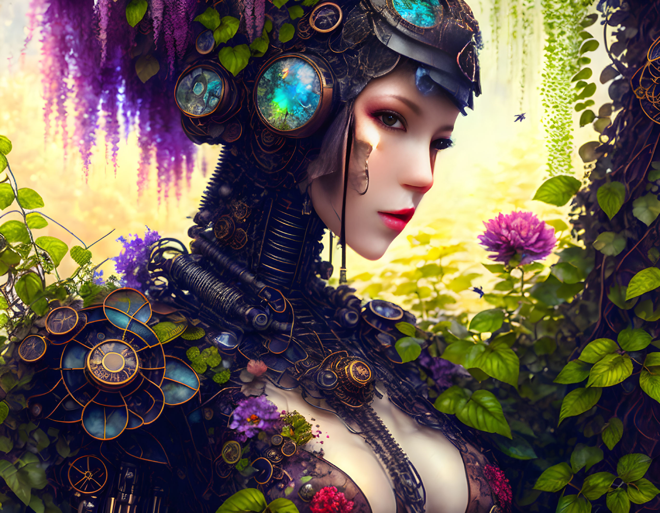 Feminine android with metal headdress among lush greenery