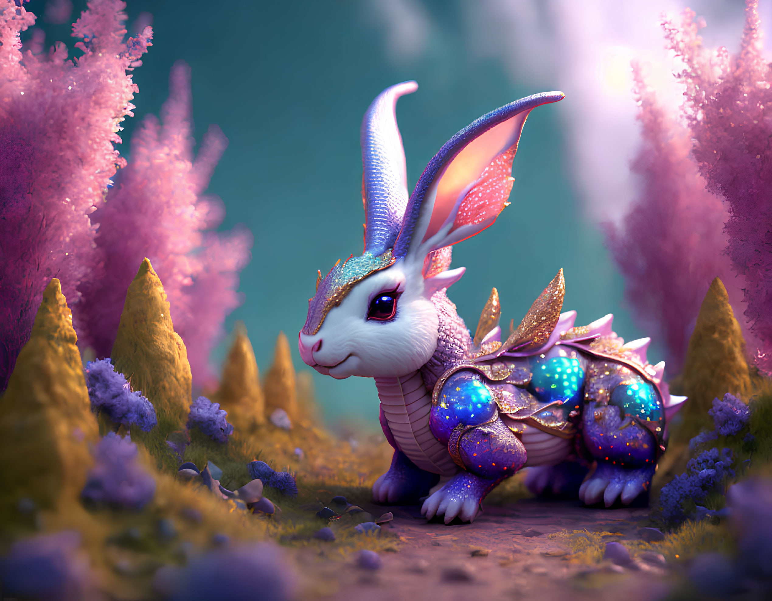 Rabbit-headed dragon in colorful whimsical landscape