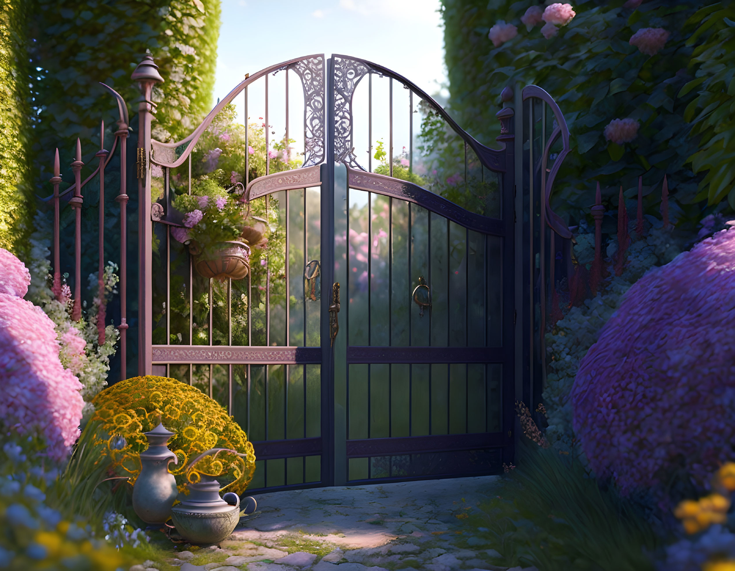 Metal gate slightly ajar reveals lush pink and purple garden.