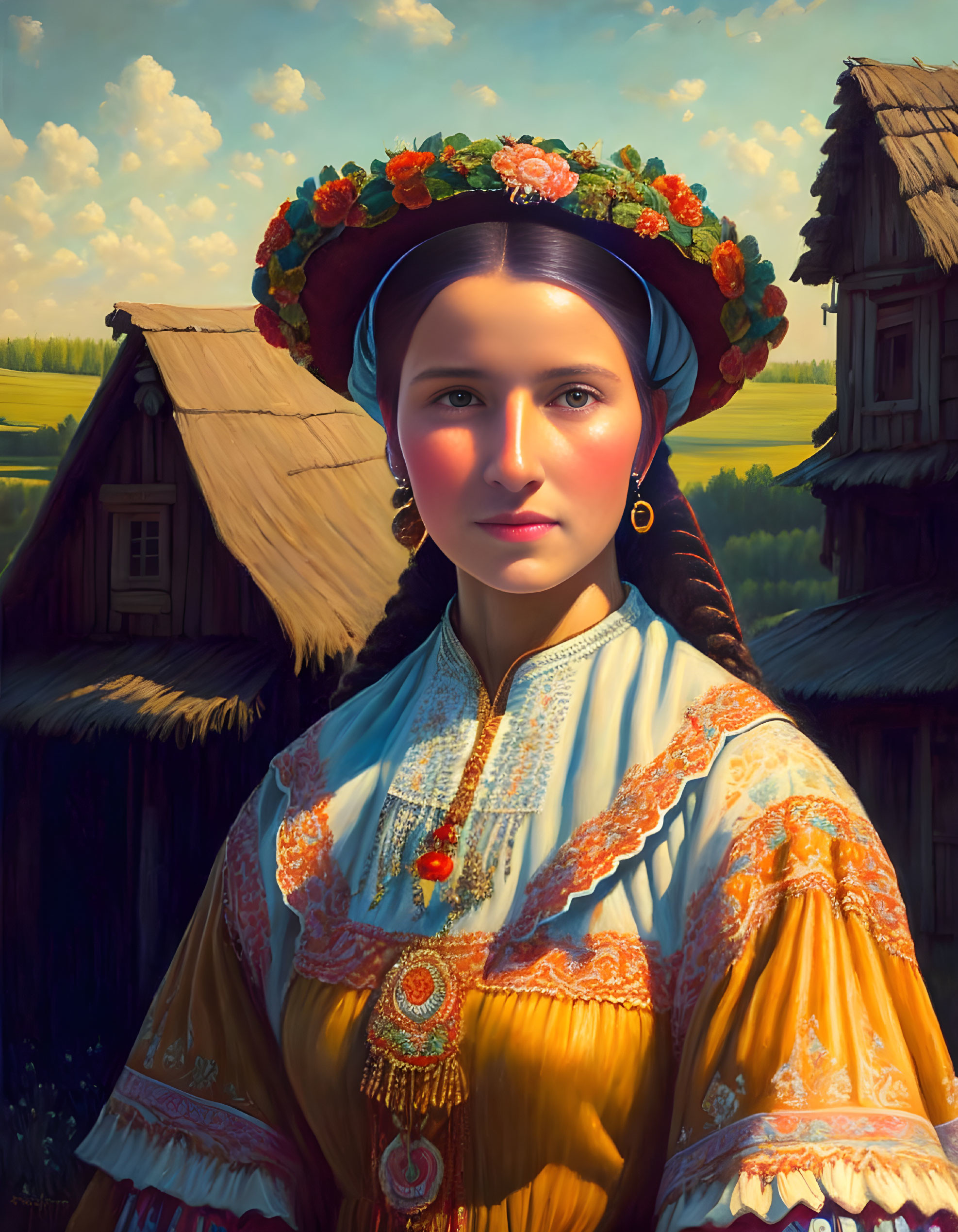 Traditional Folk Costume Woman with Floral Wreath Headband Standing by Wooden Buildings