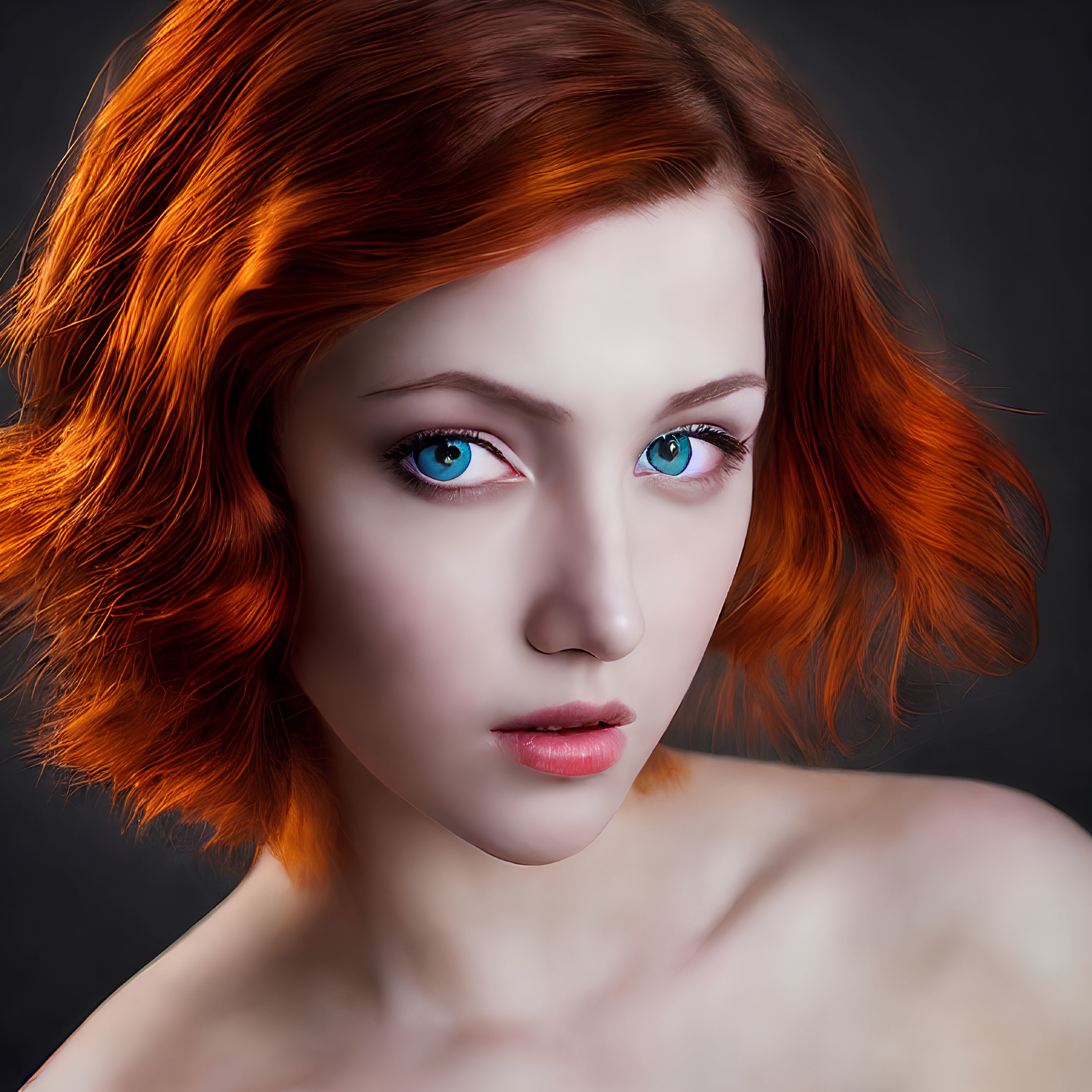 Portrait of Woman with Striking Blue Eyes and Red Hair on Dark Background