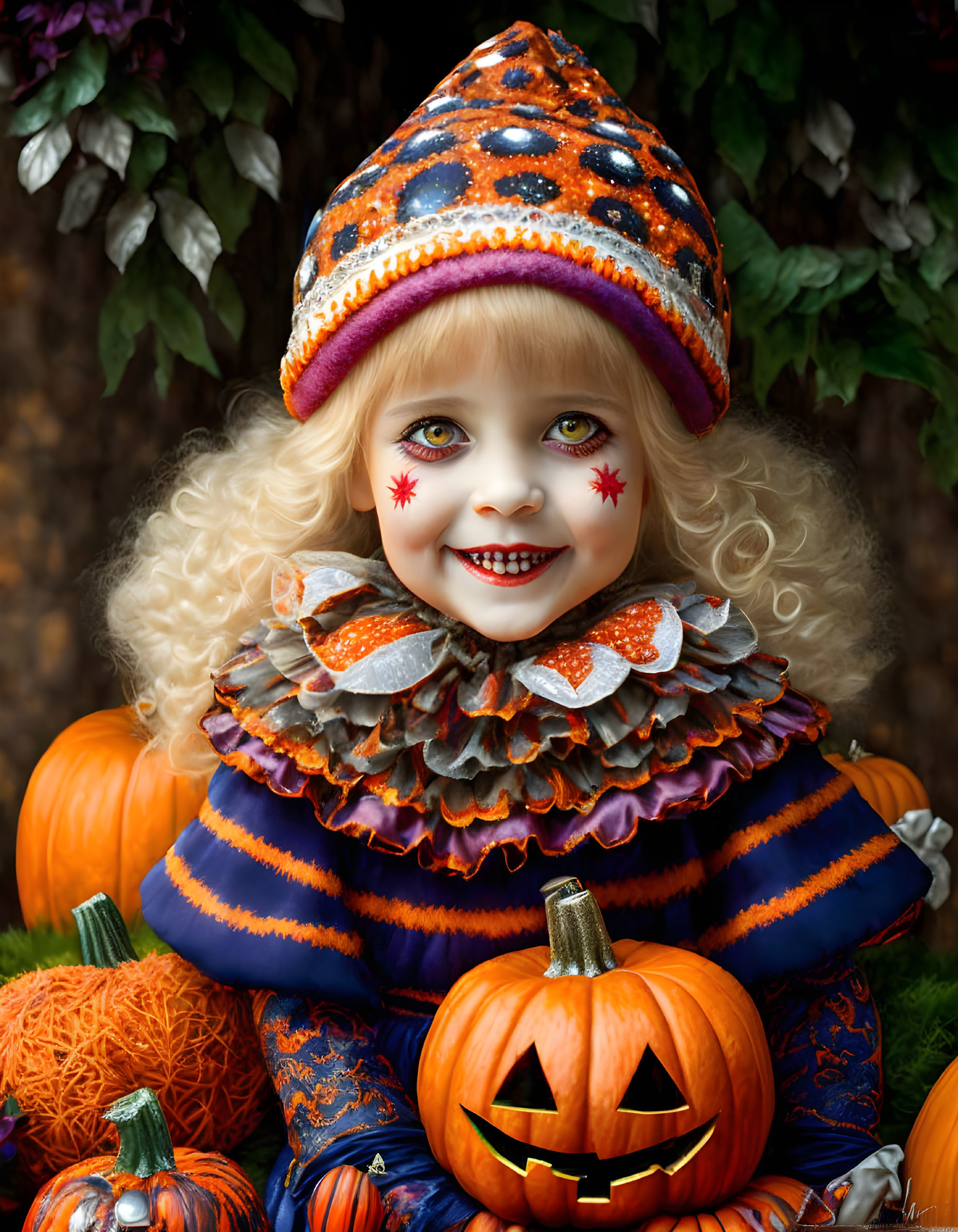 Child in Orange-and-Blue Clown Costume with Pumpkins