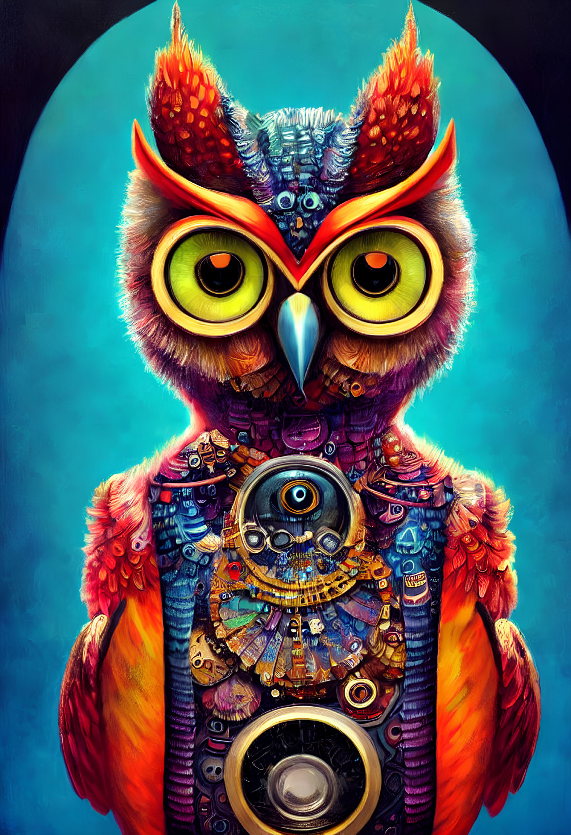 Colorful stylized owl with mechanical torso against blue backdrop