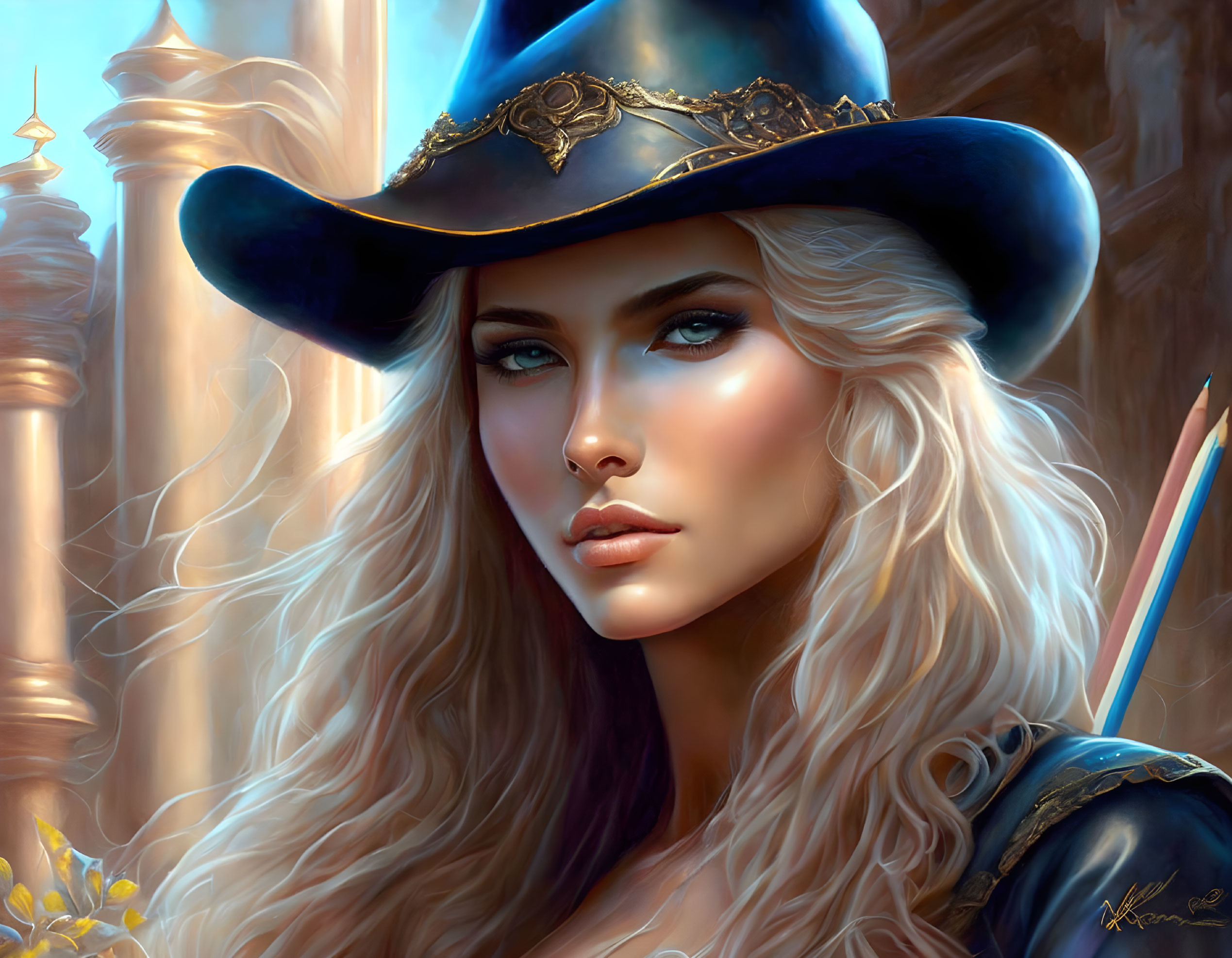 Blonde Woman in Blue Hat and Medieval Outfit Portrait