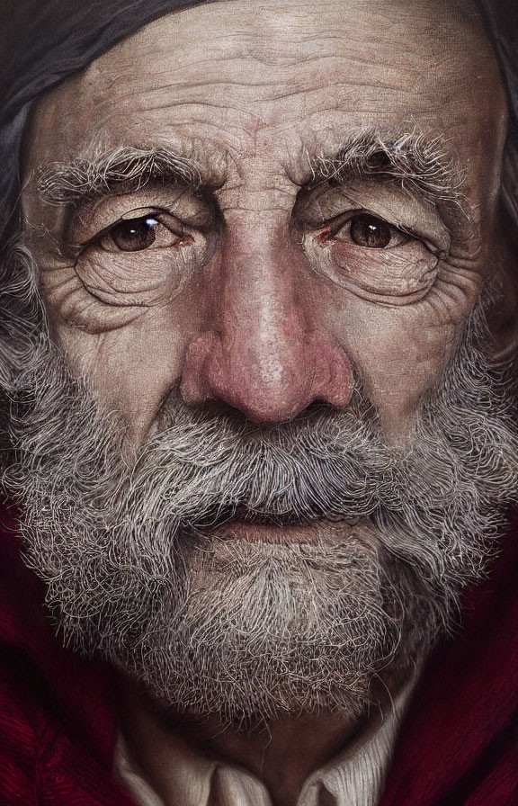 Elderly man with graying beard and hoodie in somber expression