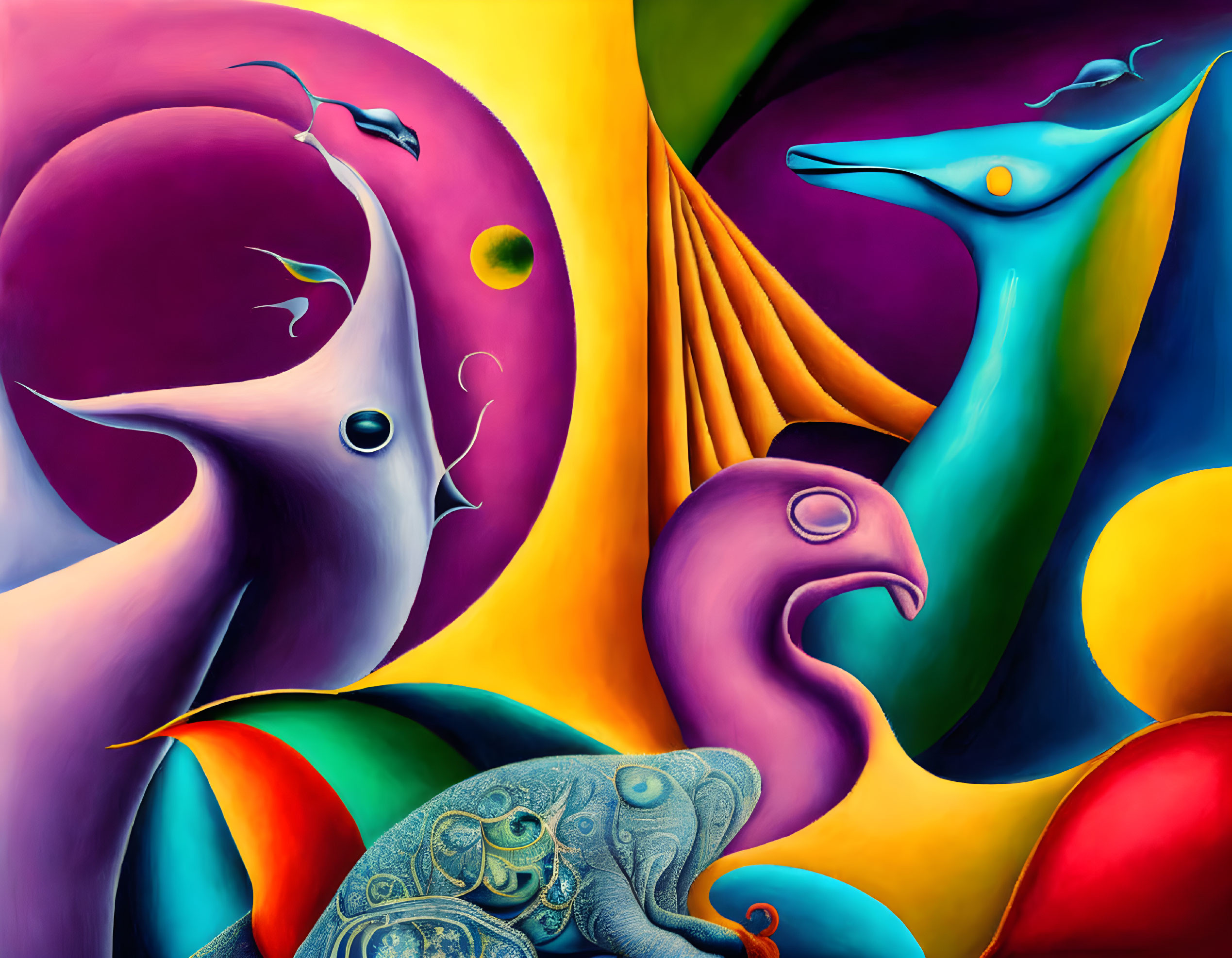 Vibrant abstract art: colorful, stylized animal figures in surreal landscape