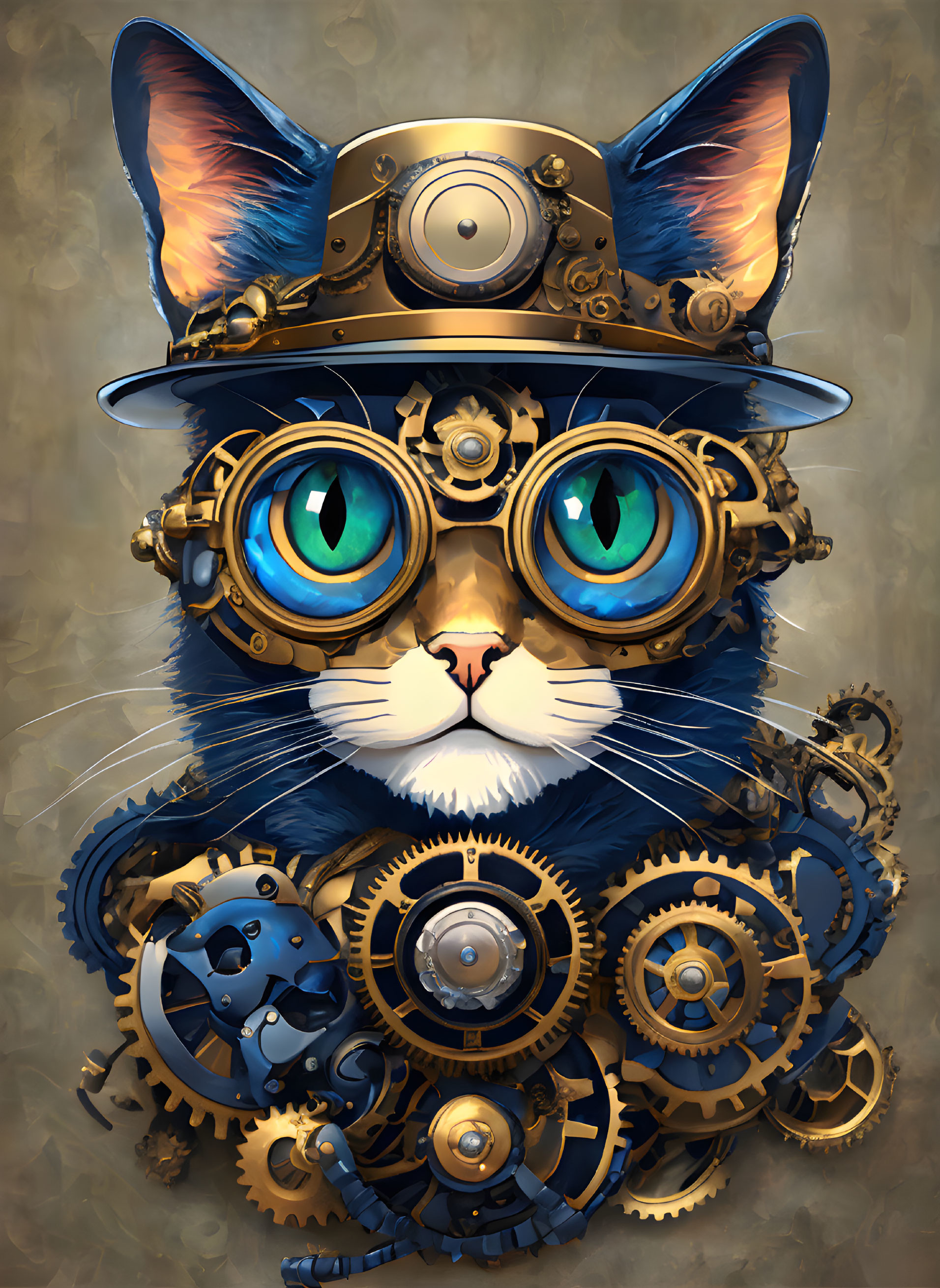 Steampunk-style blue-eyed cat with top hat and goggles among intricate gears