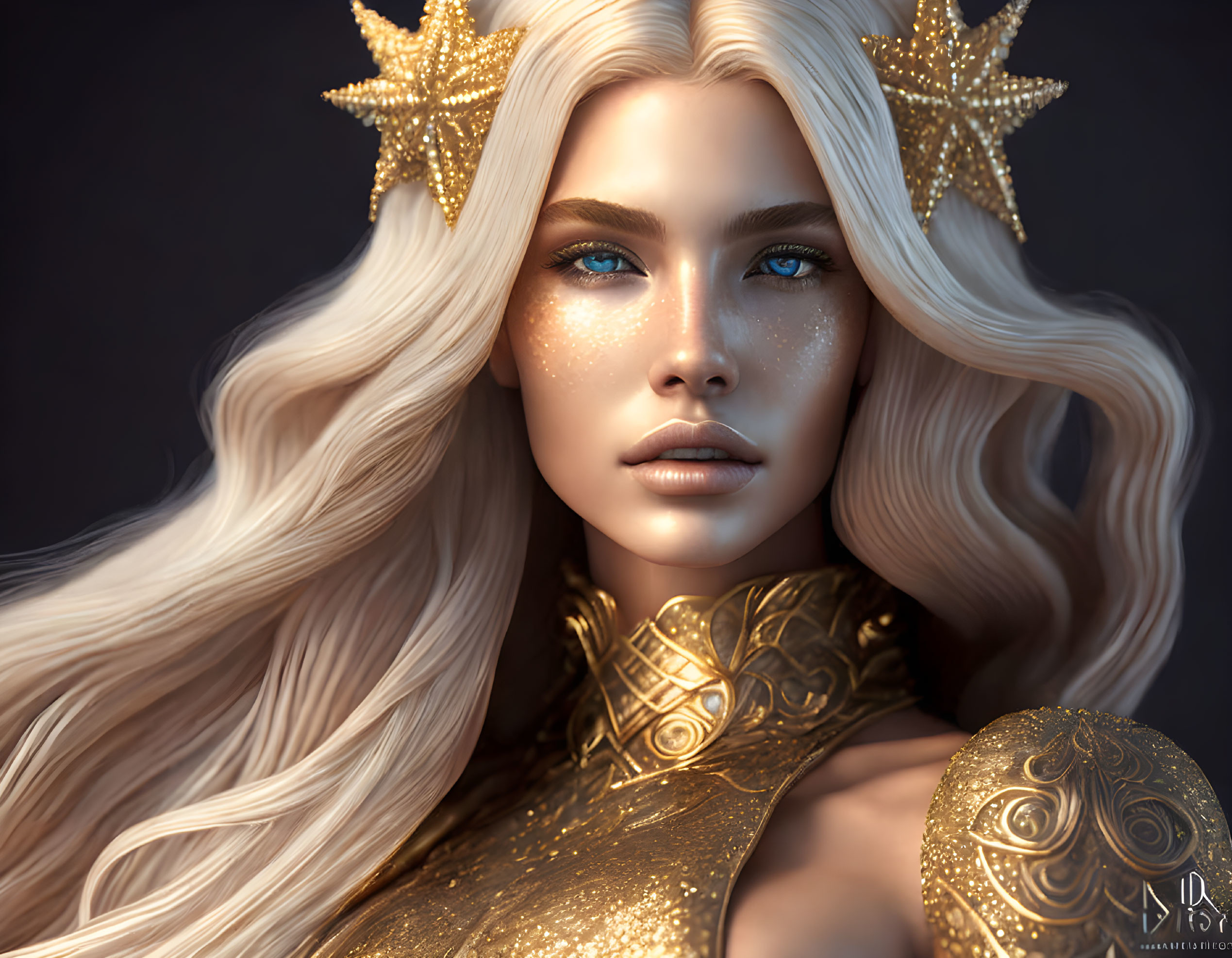 Fantasy woman portrait with long blonde hair and golden armor