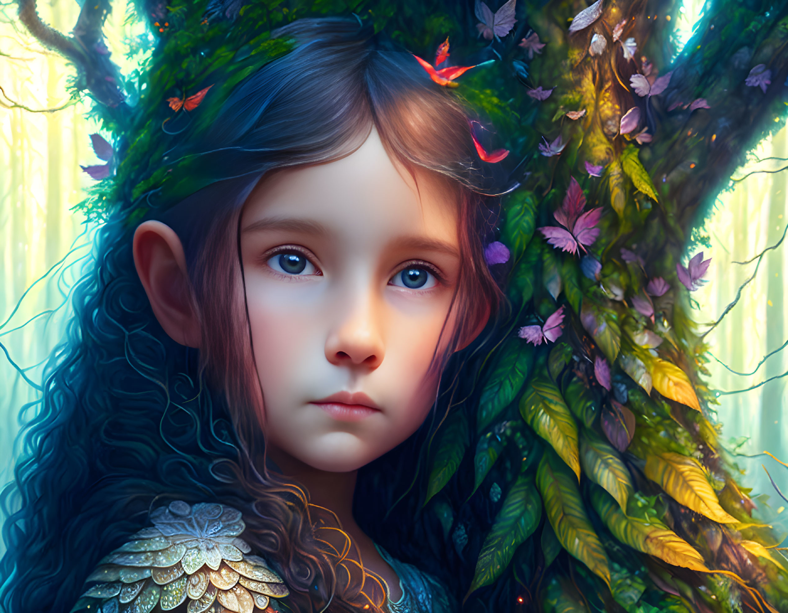 Digital Artwork: Young Girl with Elfin Features in Enchanted Forest