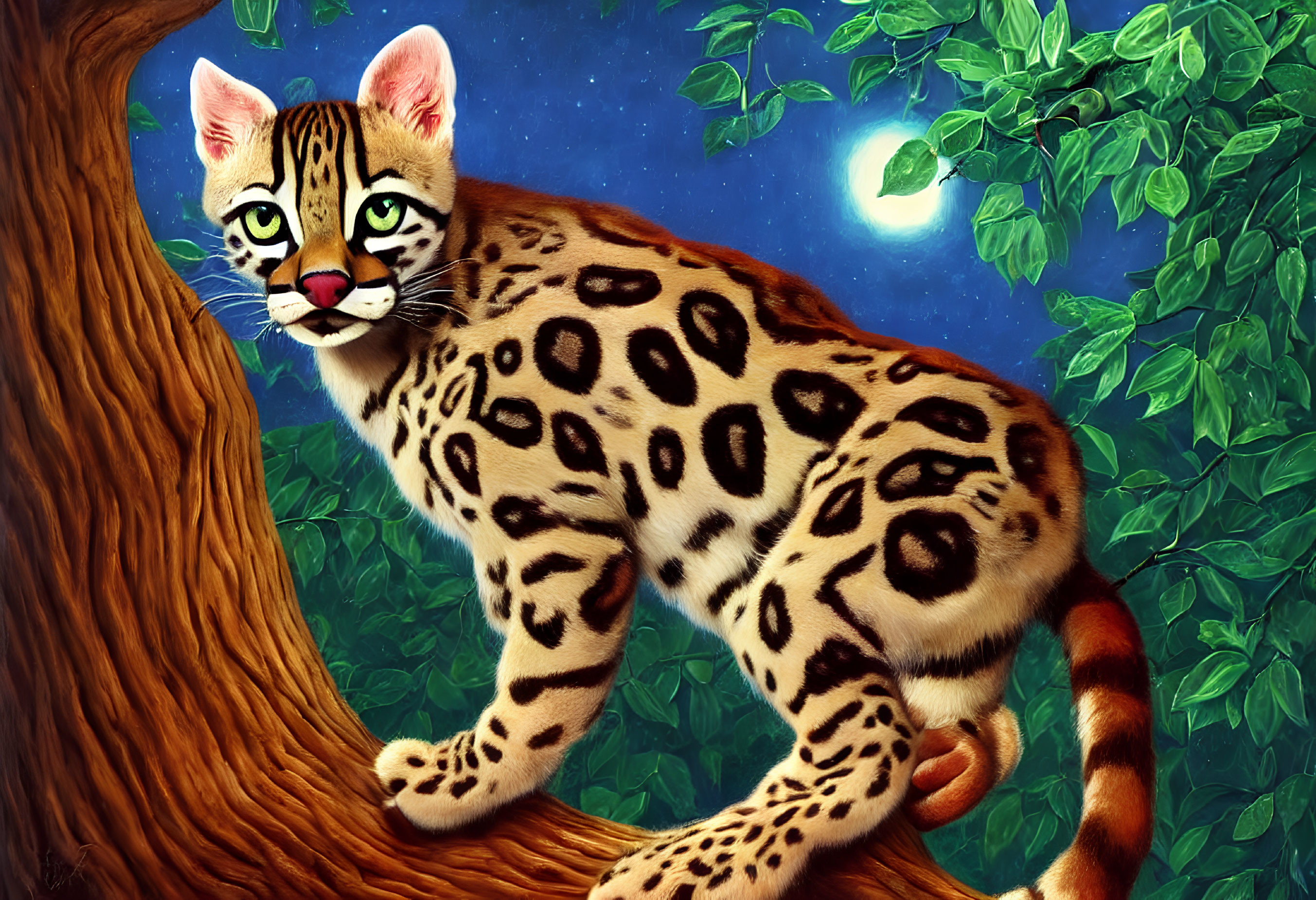 Digital Artwork: Ocelot with Spots on Tree Branch, Night Sky