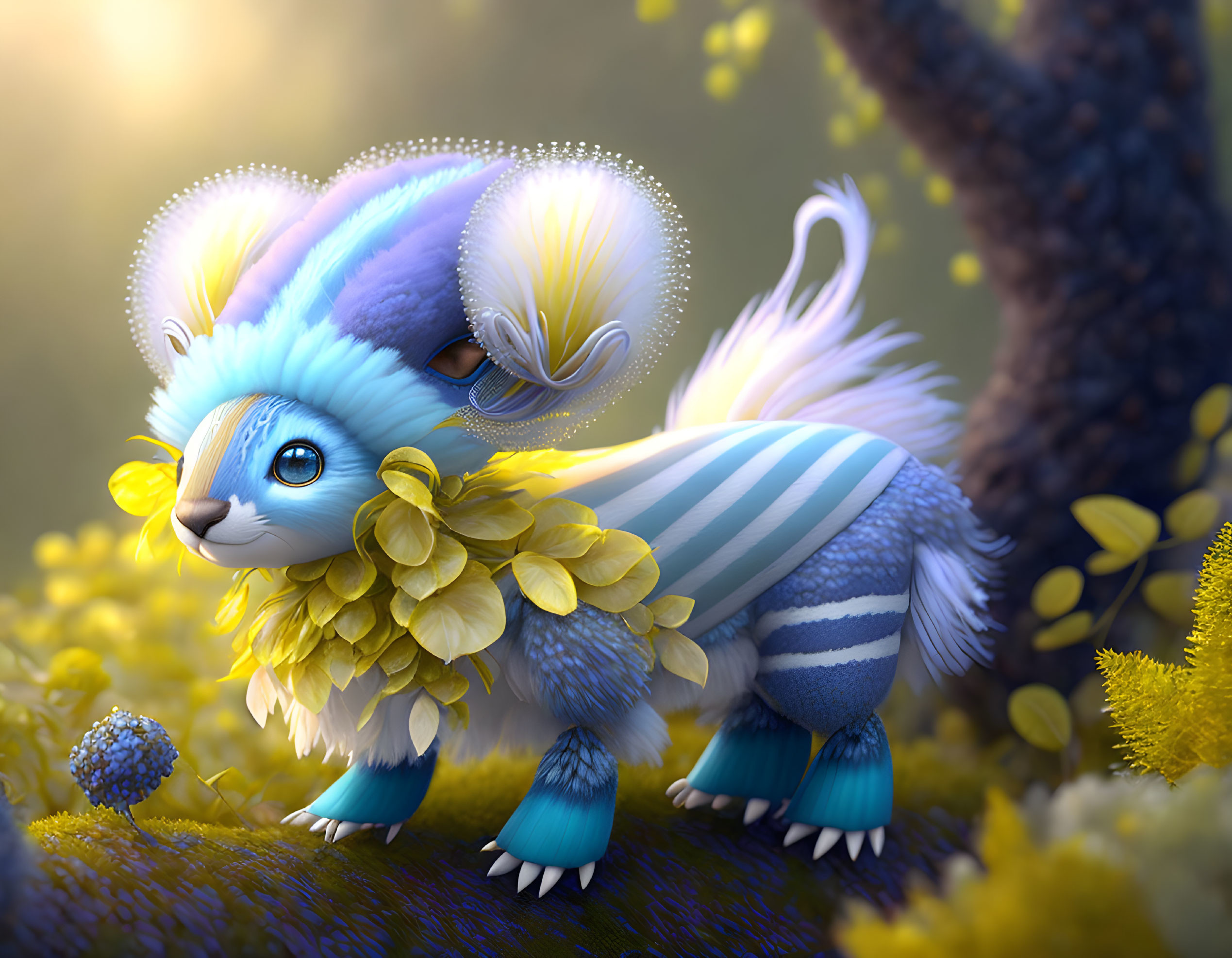 Blue Striped Creature with Large Ears and Petal-like Adornments in Mystical Forest