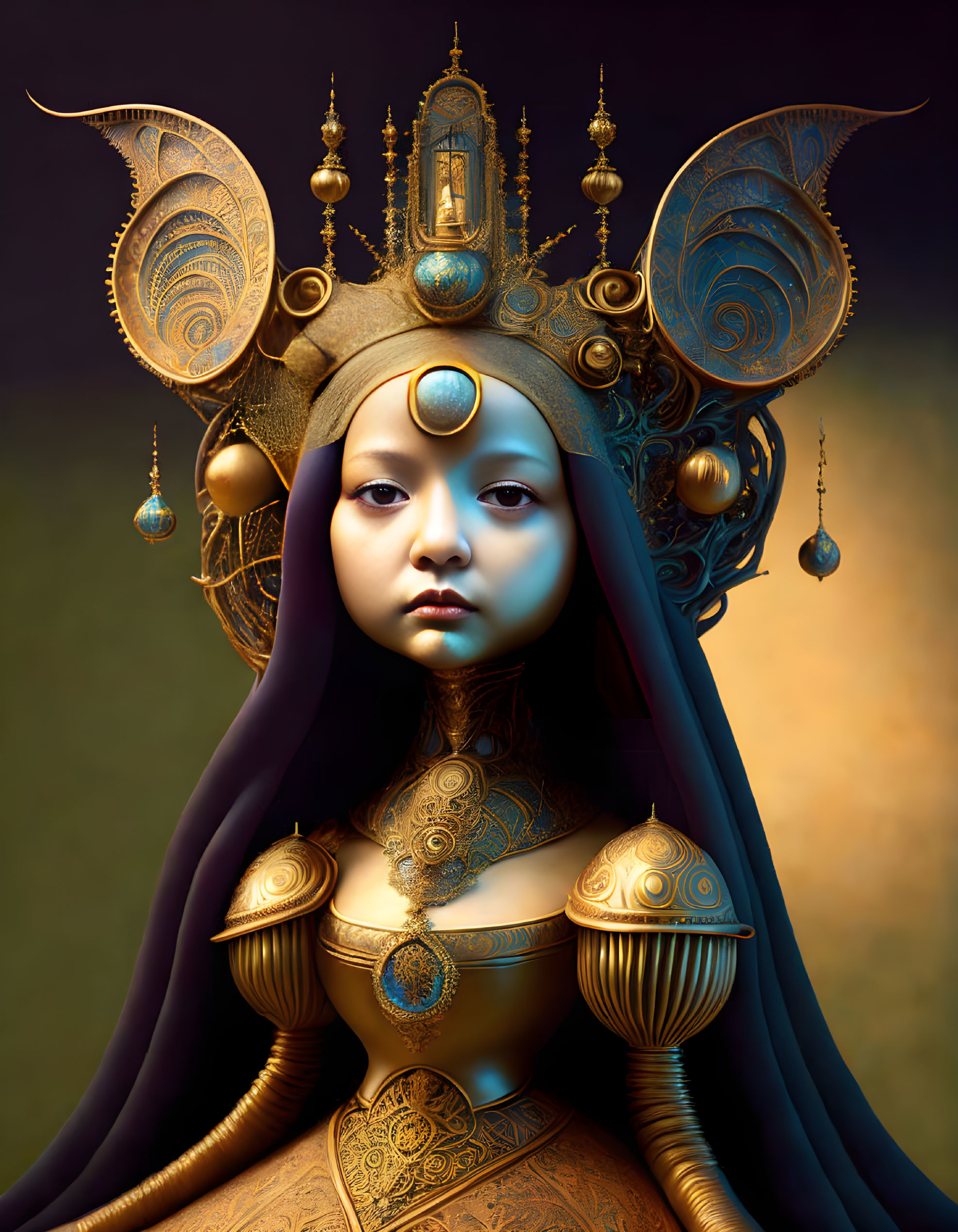 Detailed digital artwork of female figure in ornate gold and blue headgear and armor.