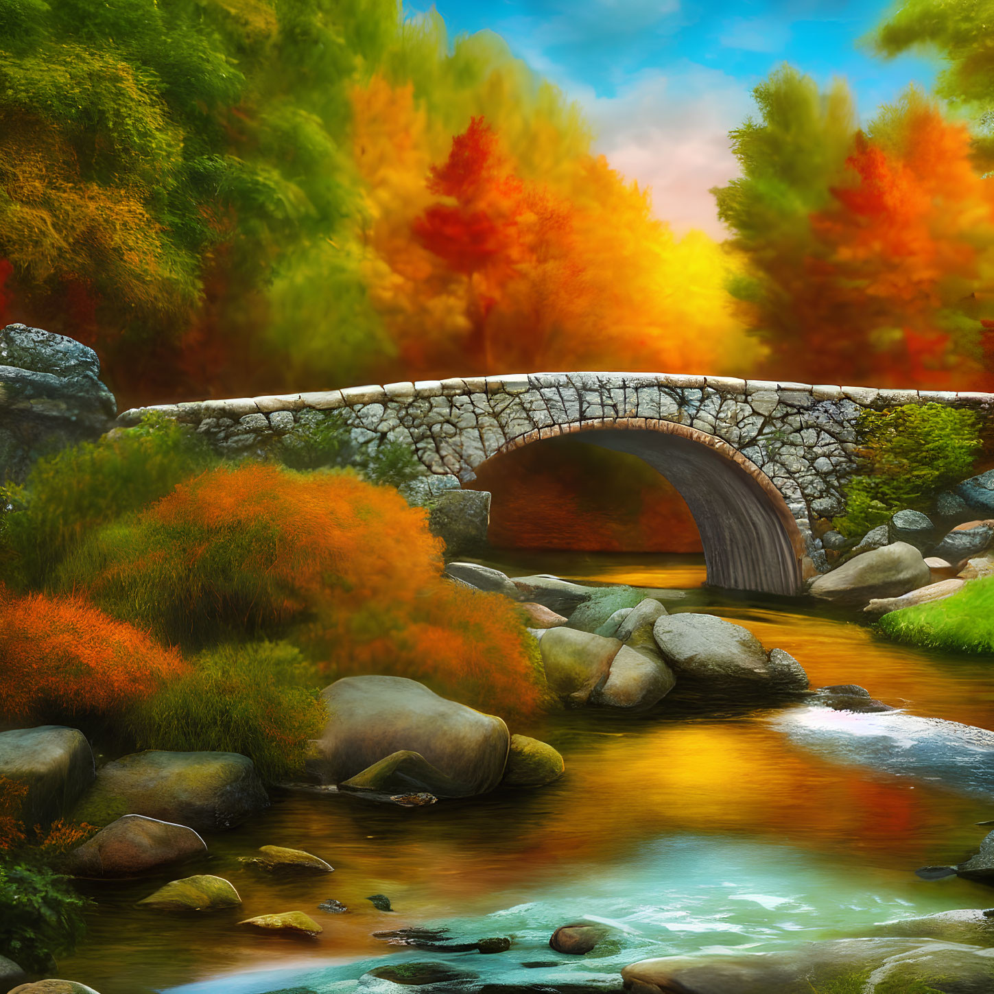 Serene stone bridge over autumn stream with sunset glow