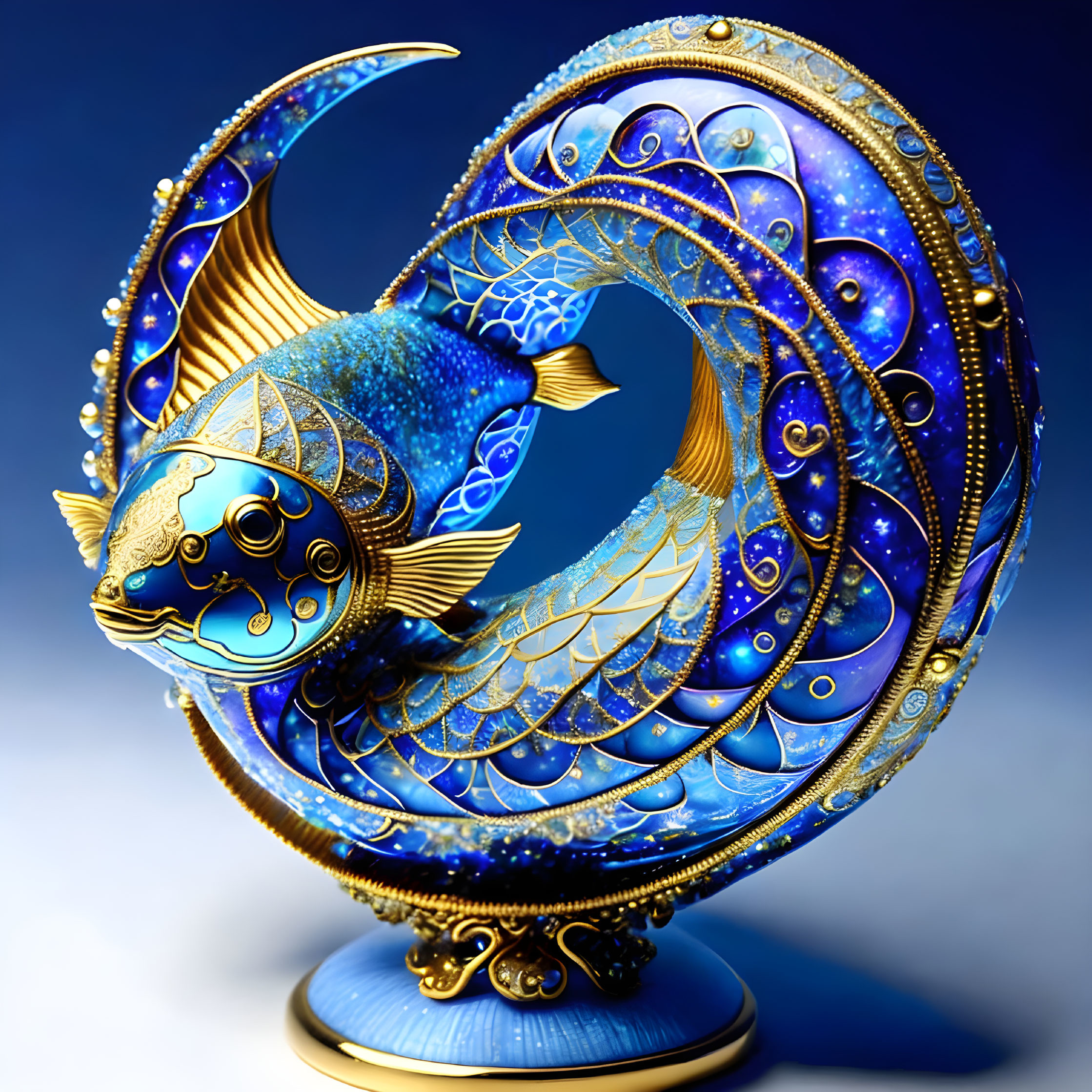 Golden Fish with Blue Patterns and Jewels in Circular Frame on Blue Background