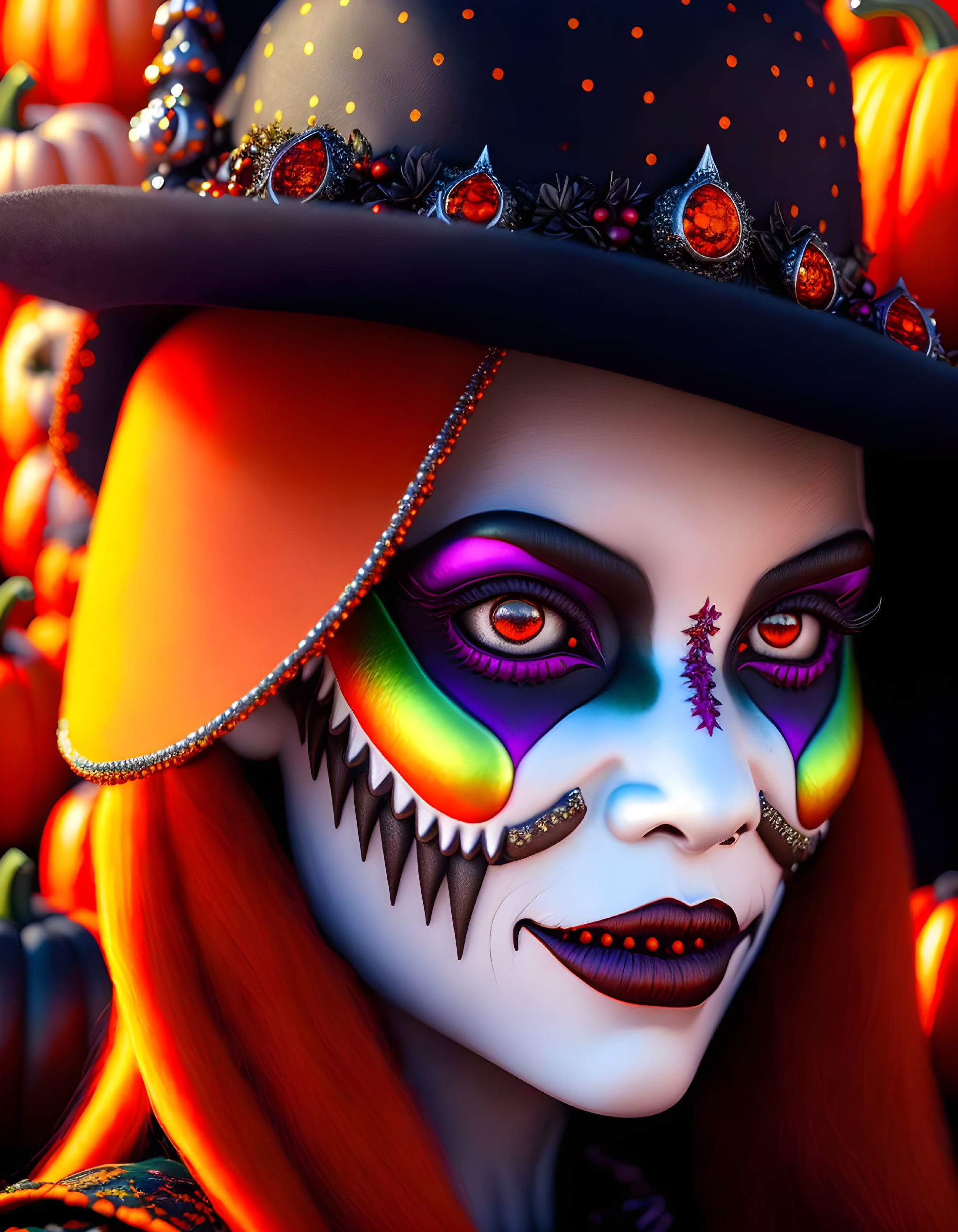 Colorful portrait of a person with skull makeup and hat among pumpkins