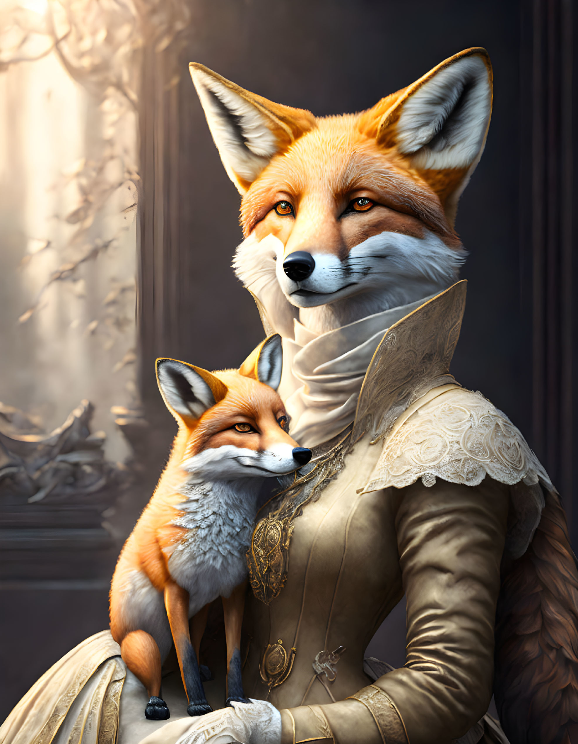 Anthropomorphic fox in elegant attire with natural fox