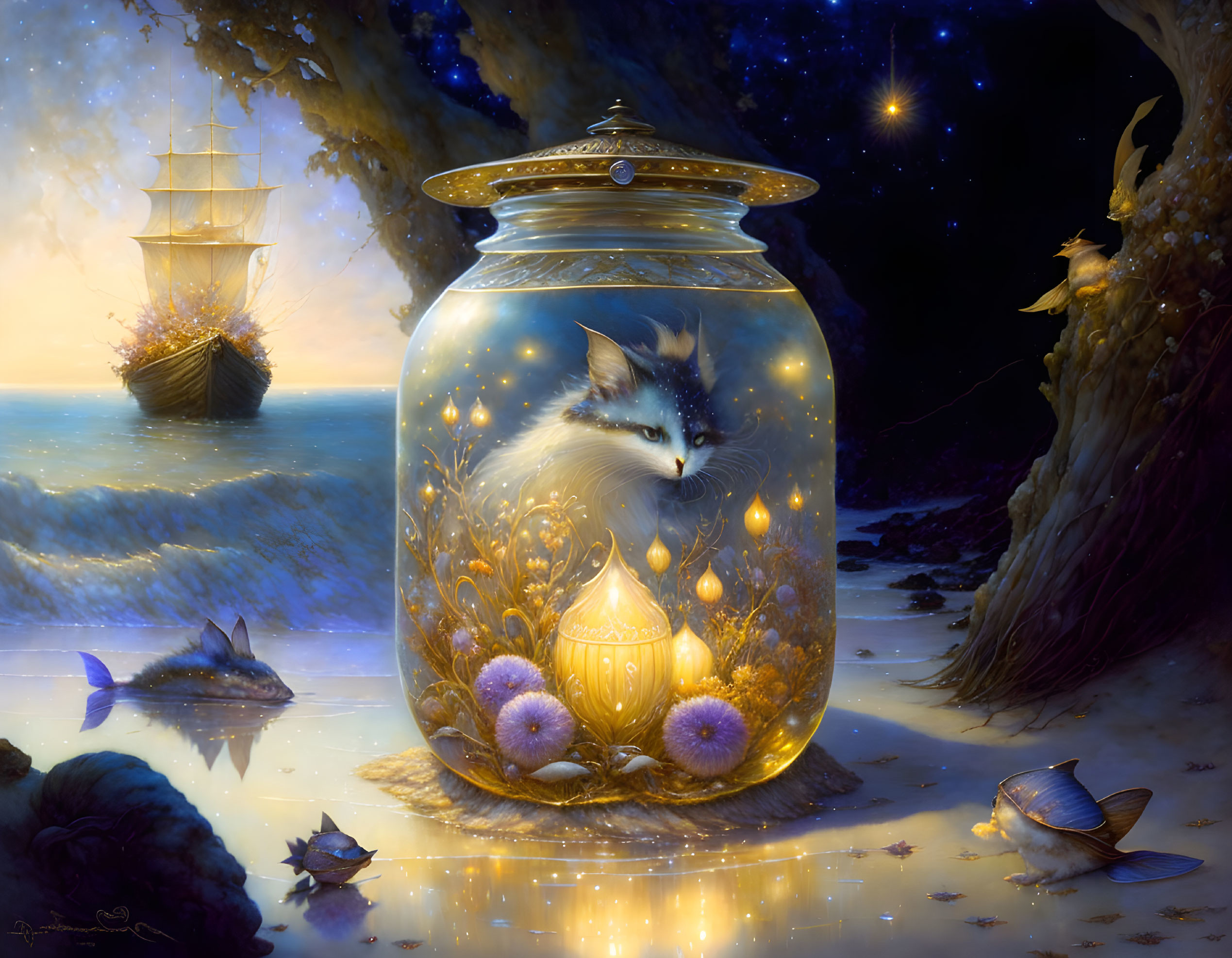 White Cat in Luminous Jar on Starlit Beach with Ship and Marine Life