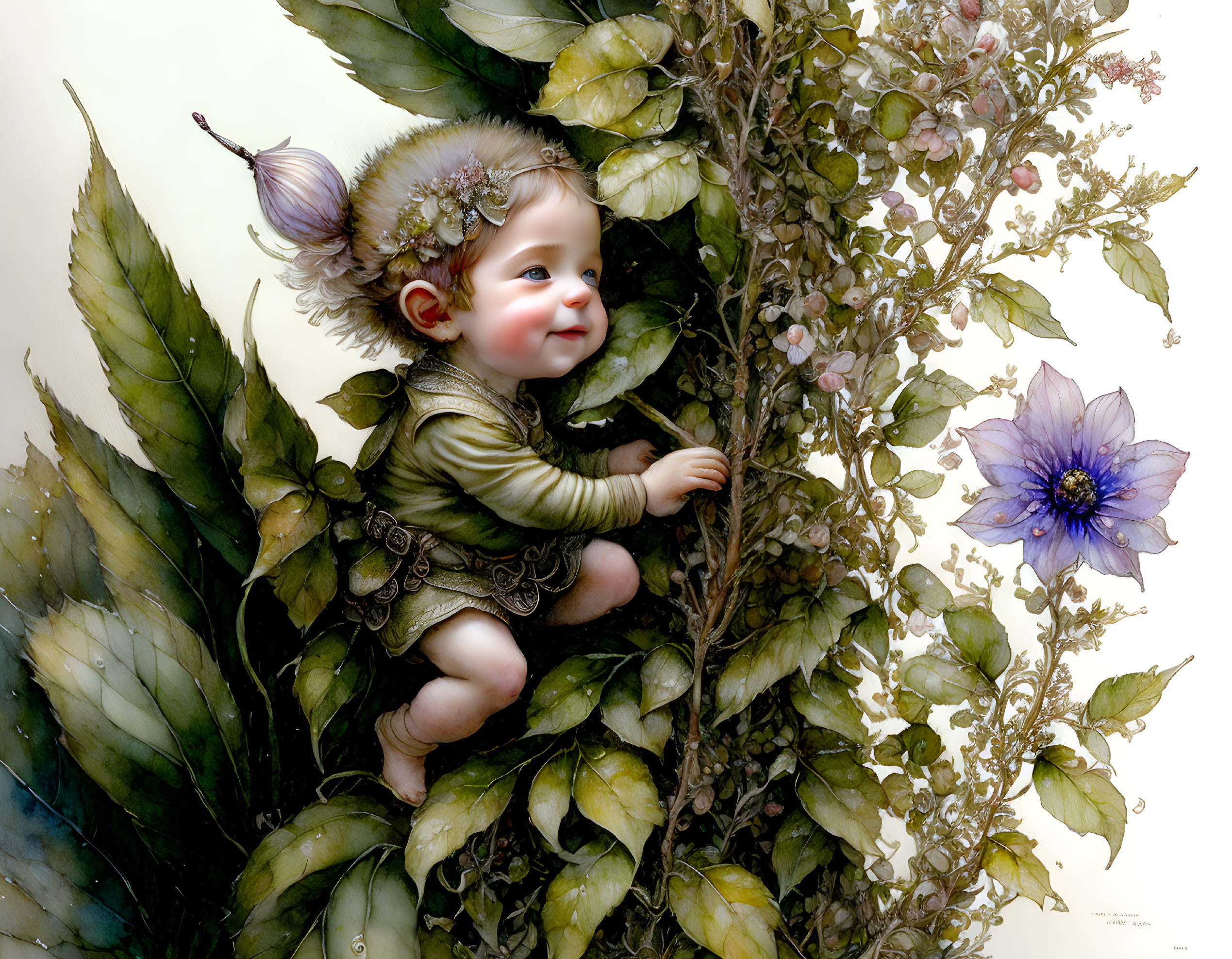 Whimsical baby with fairy wings in leafy outfit among floral vine