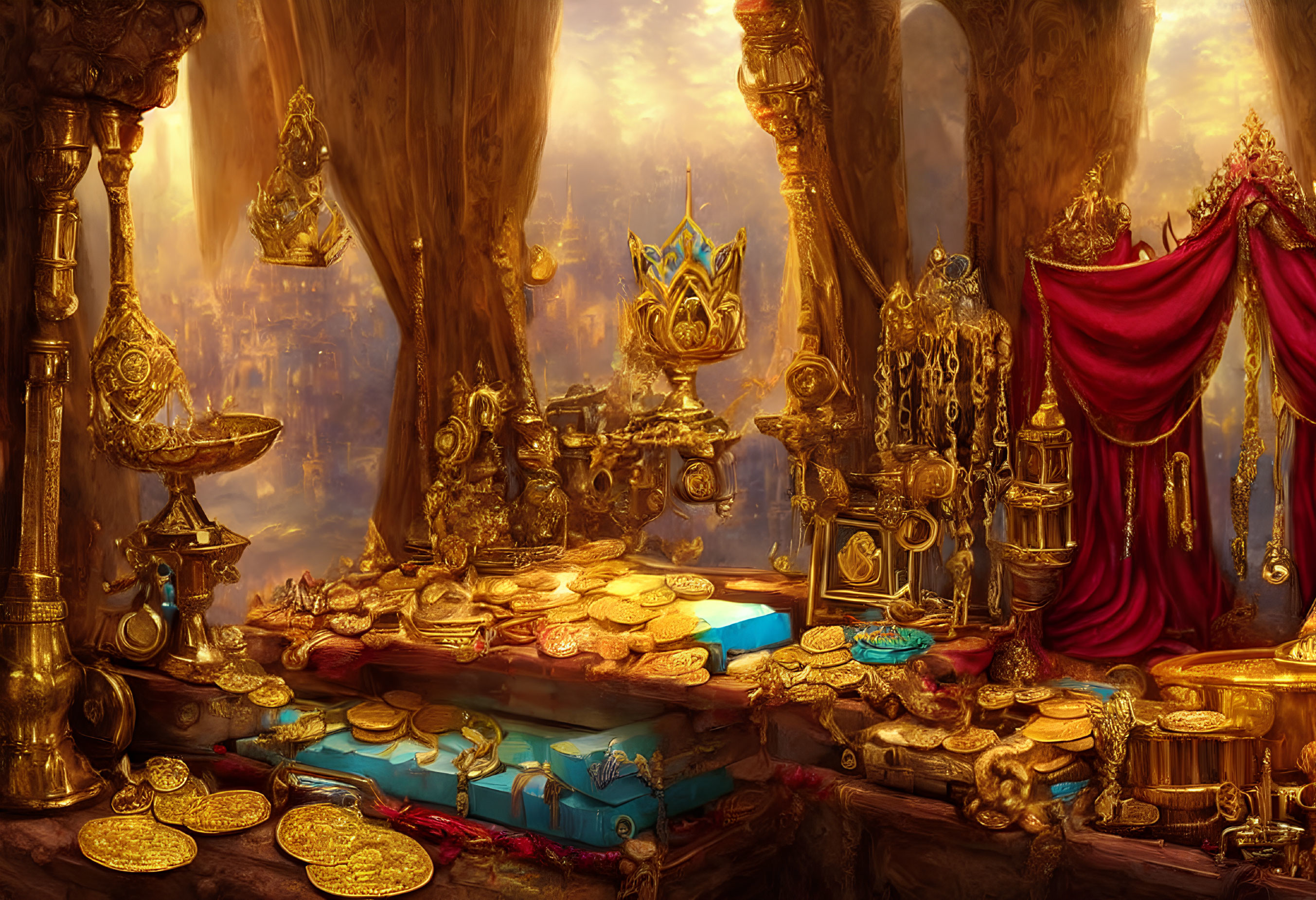 Opulent treasure room with gold coins, jeweled crowns, and ornate goblets