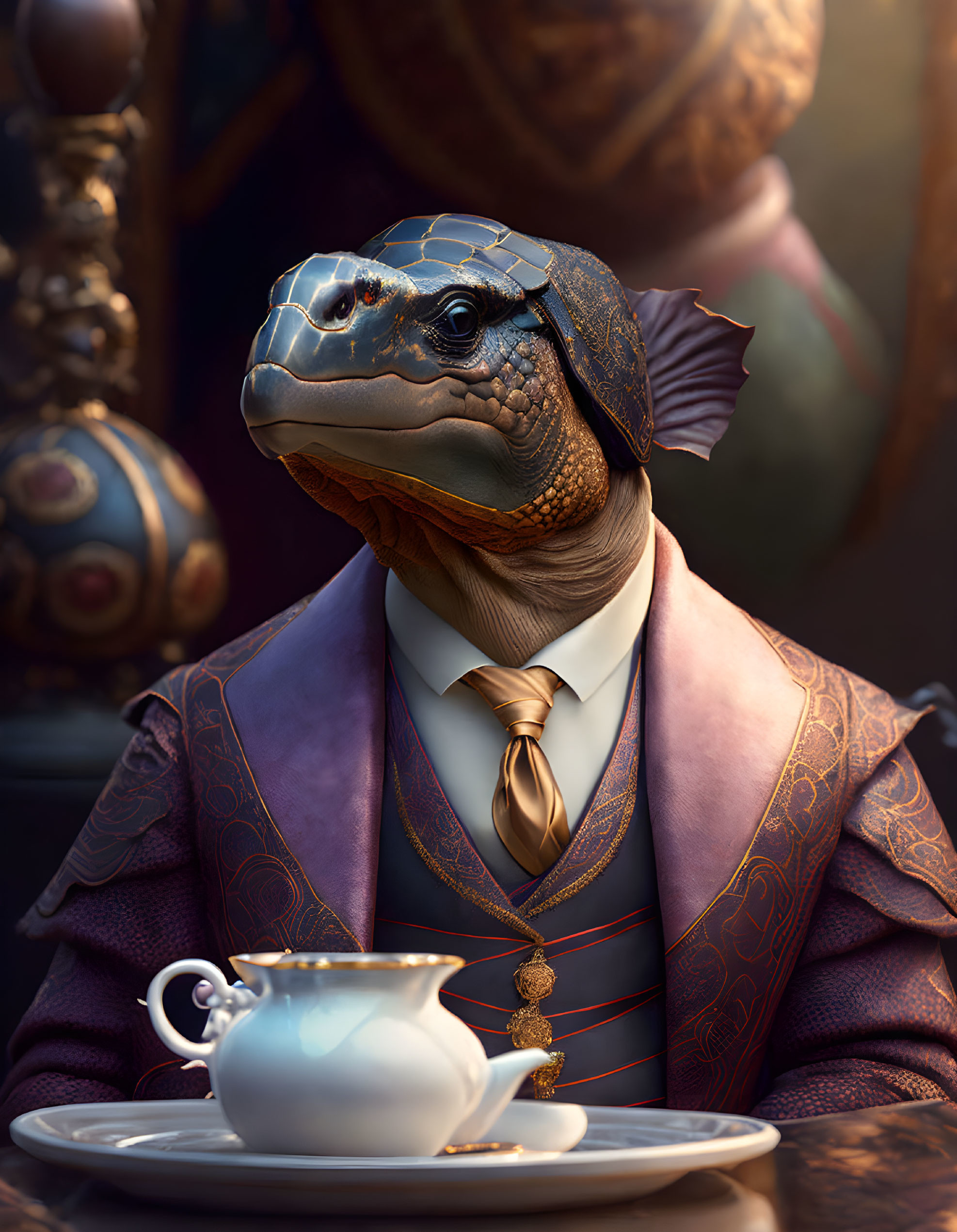 Sophisticated humanoid turtle in suit and tie enjoys tea at table