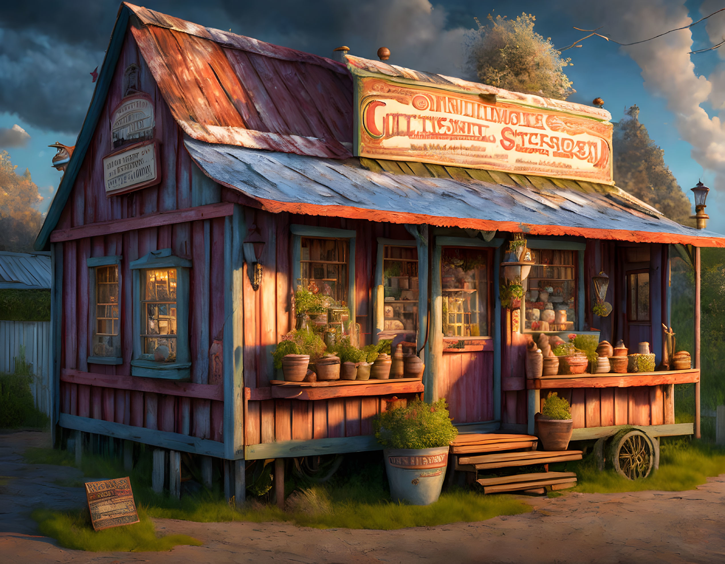 Rustic wooden shop with flower pots and warm lighting at sunset