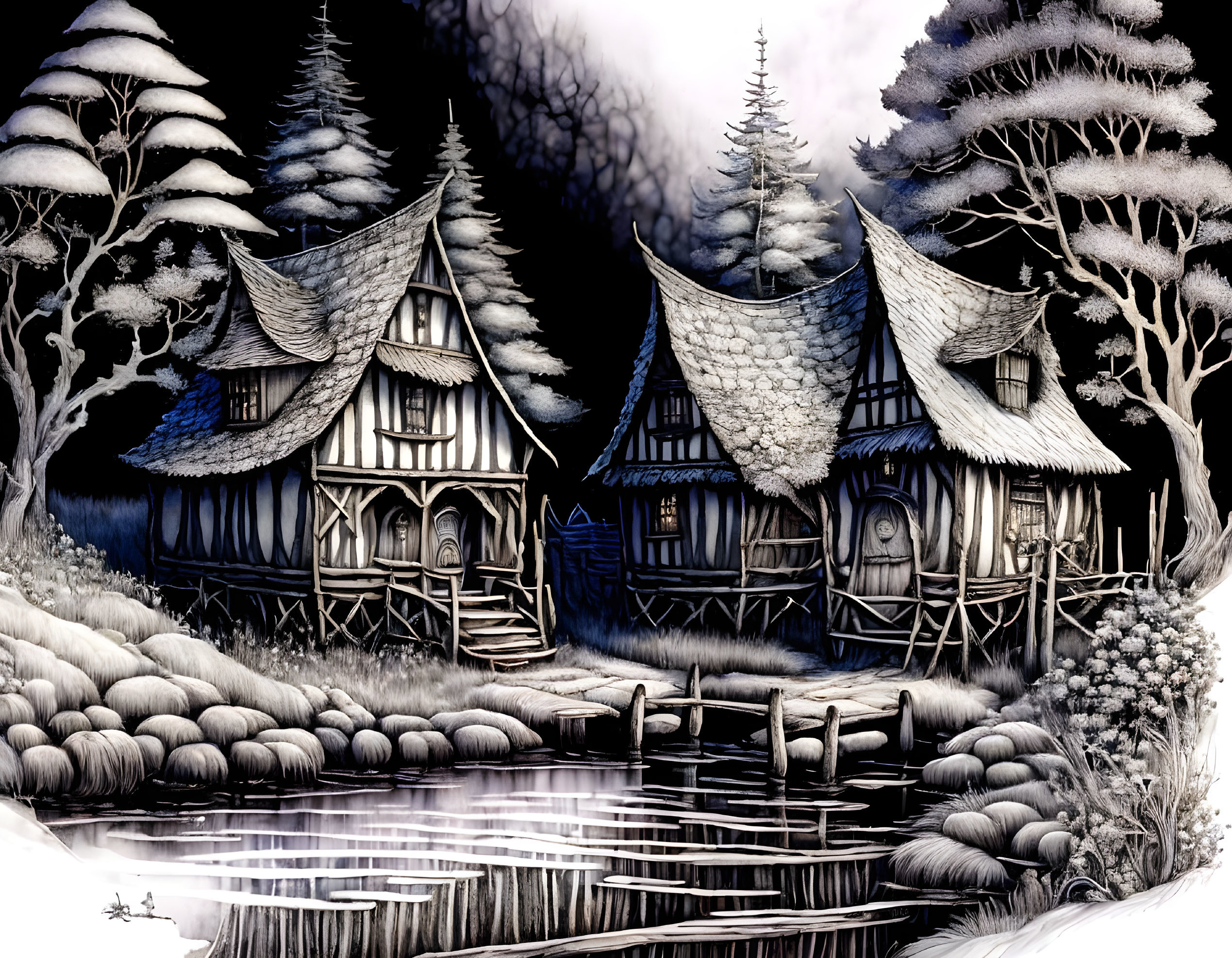 Monochromatic fantasy winter landscape with Tudor-style houses by frozen pond